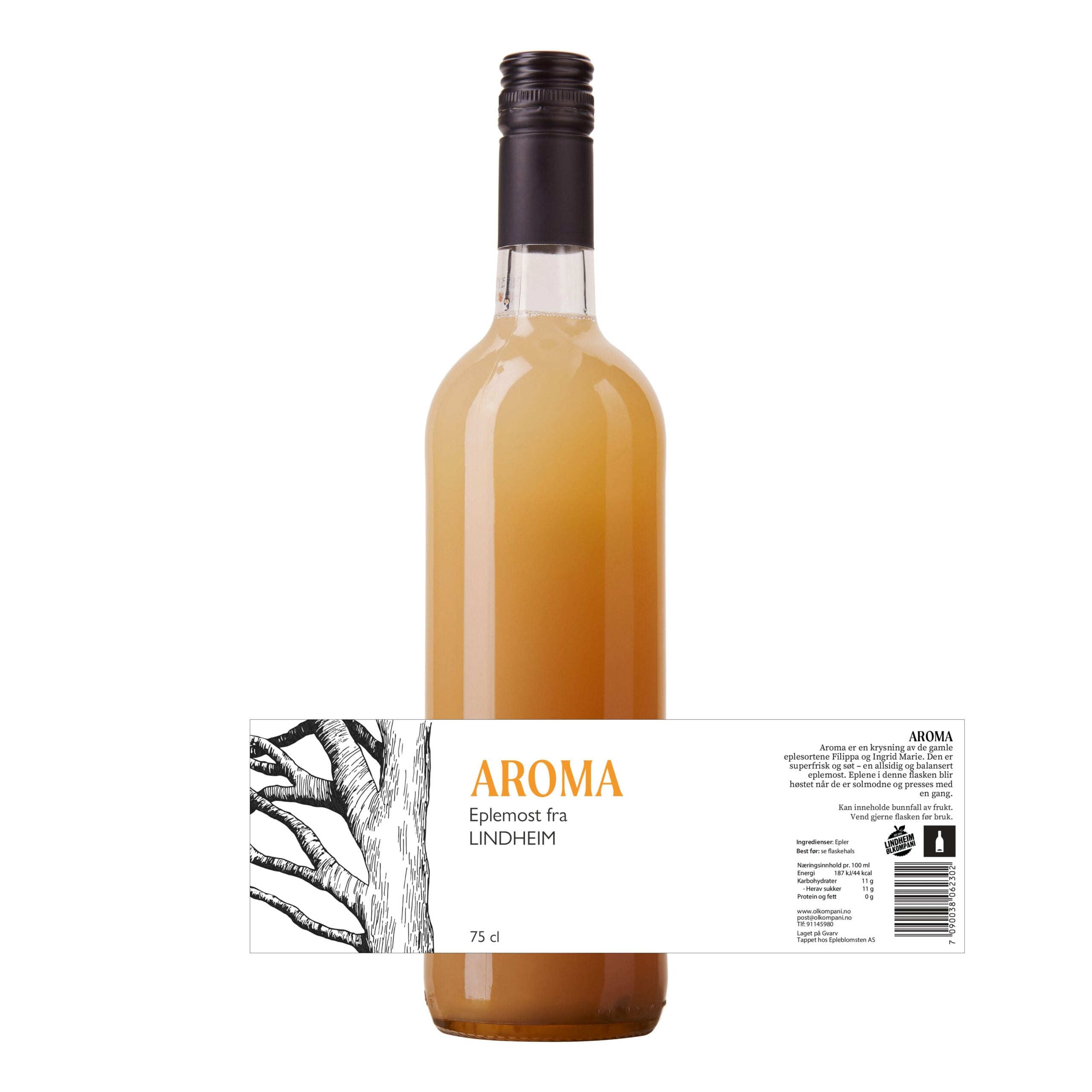 Alt-tekst: Flaske med eplemost fra Lindheim, 75 cl, med en rekke detaljer på etiketten.