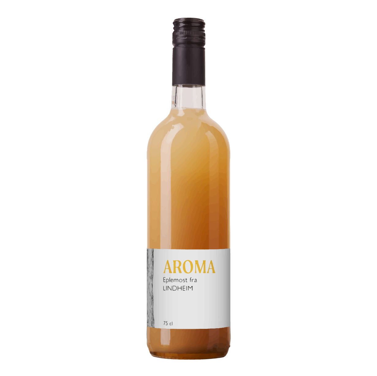 Alt-tekst: Flaske med Aroma eplemost fra Lindheim, naturlig eplejuice, 75 cl, med en gyllen farge og stilren etikett.