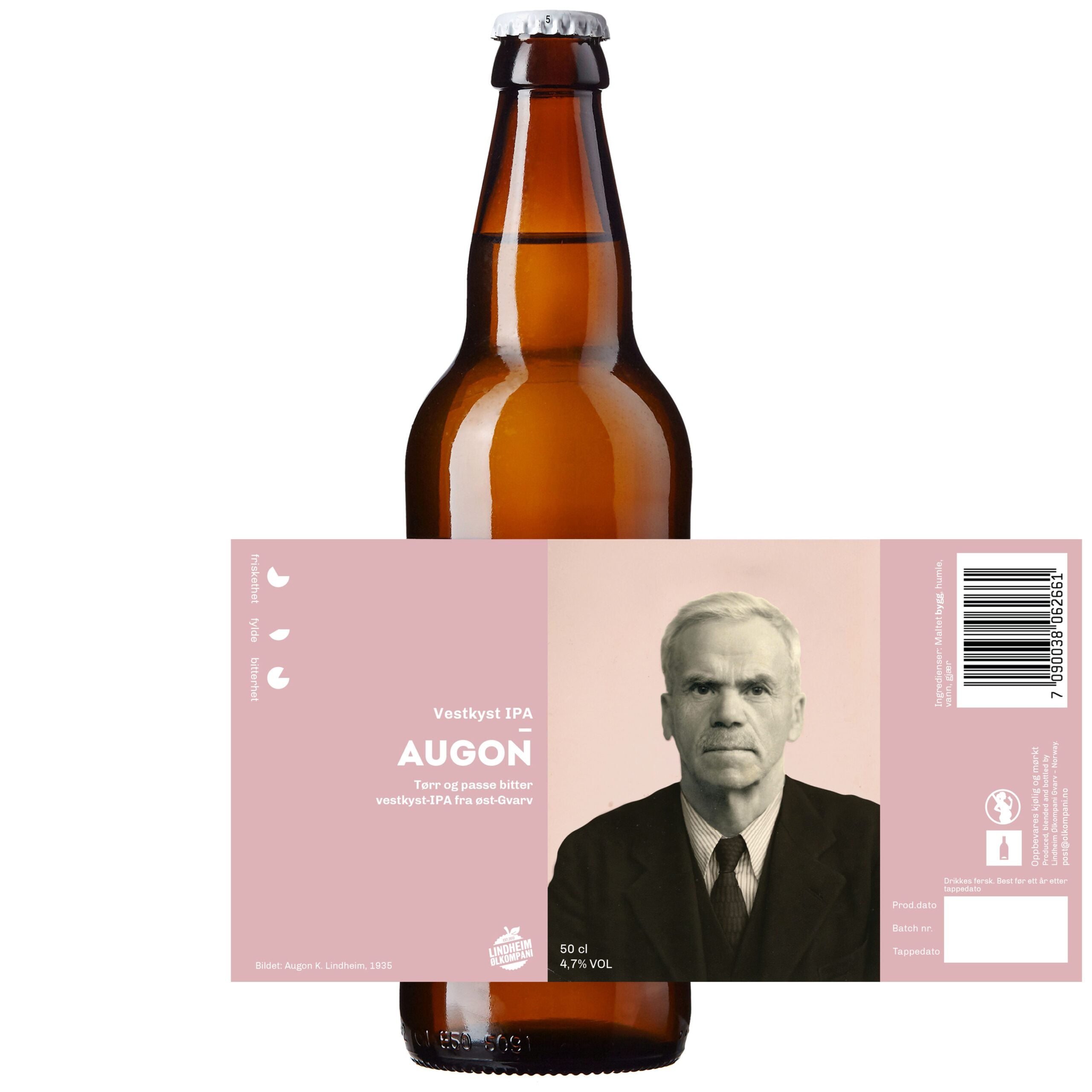 Alt-tekst: Flaske av Vestkyst IPA med rosa etikett og svart-hvitt bilde av en mann, 50 cl, 4,7 % VOL.