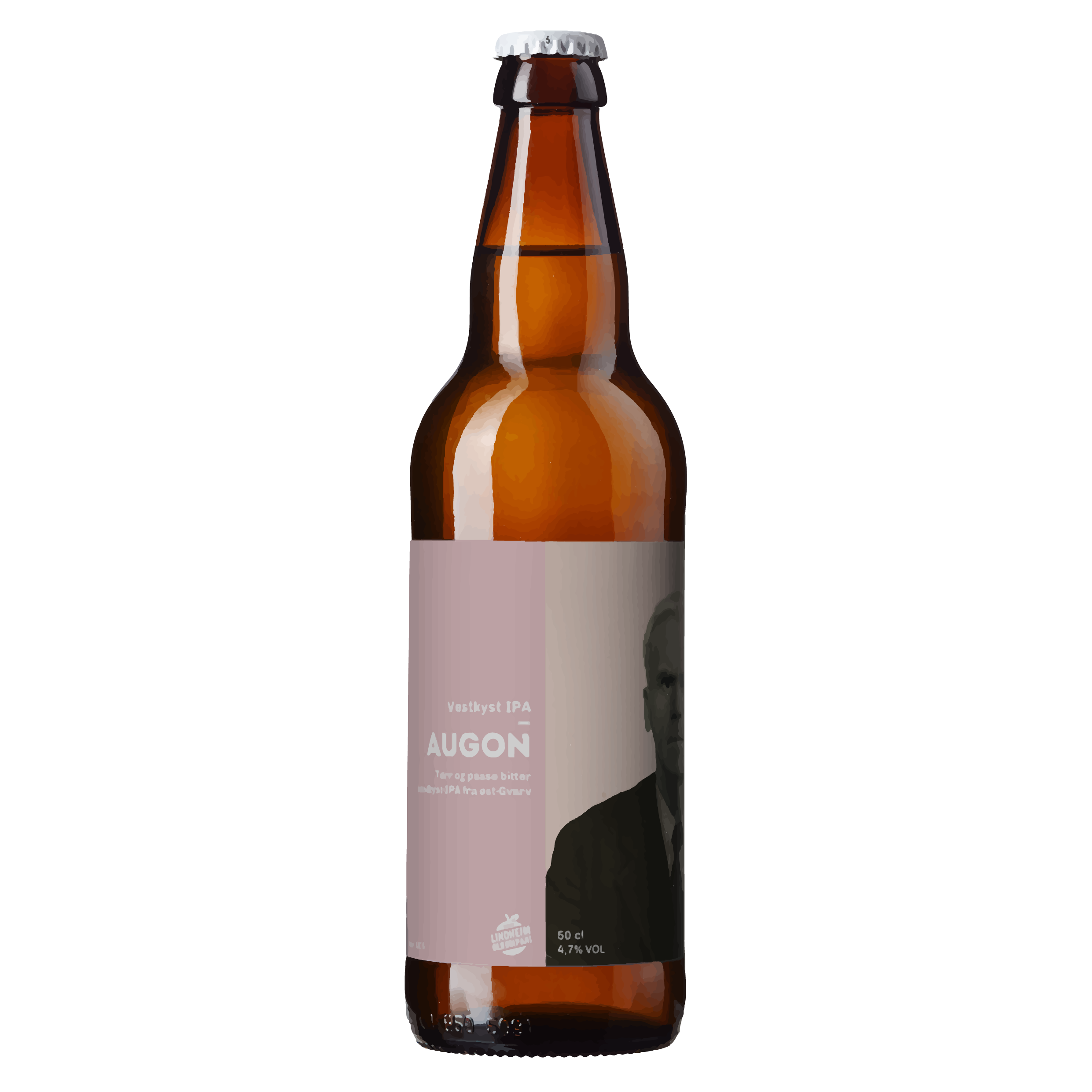 Alt-tekst: Flasken med Augon Vestkyst IPA, 60 cl, 4,7% vol, med en klassisk etikett og en svart-hvitt portrett.