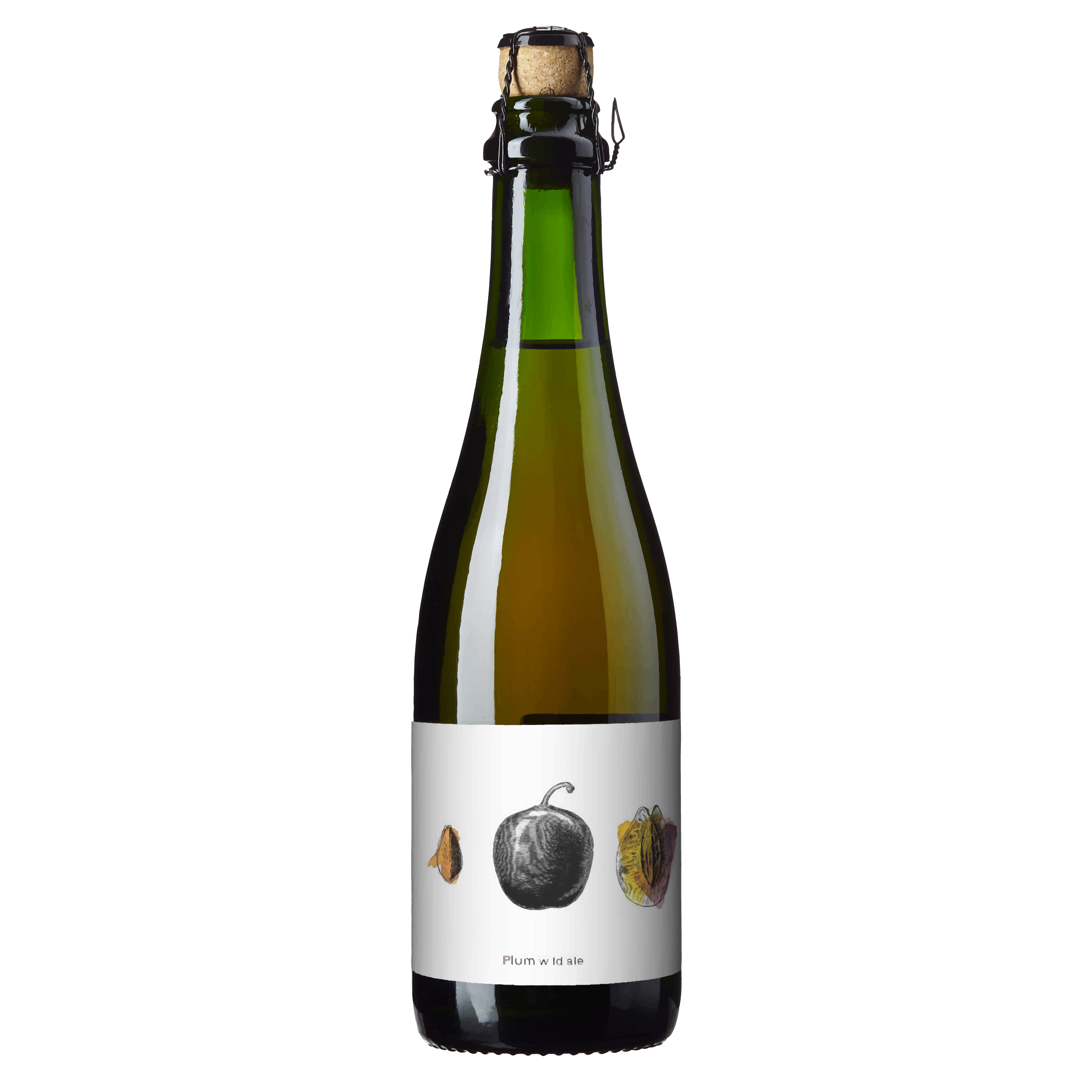 Flaske med musserende vin, etikett med illustrasjoner av frukt og nusselige detaljer. Perfekt for spesielle anledninger.