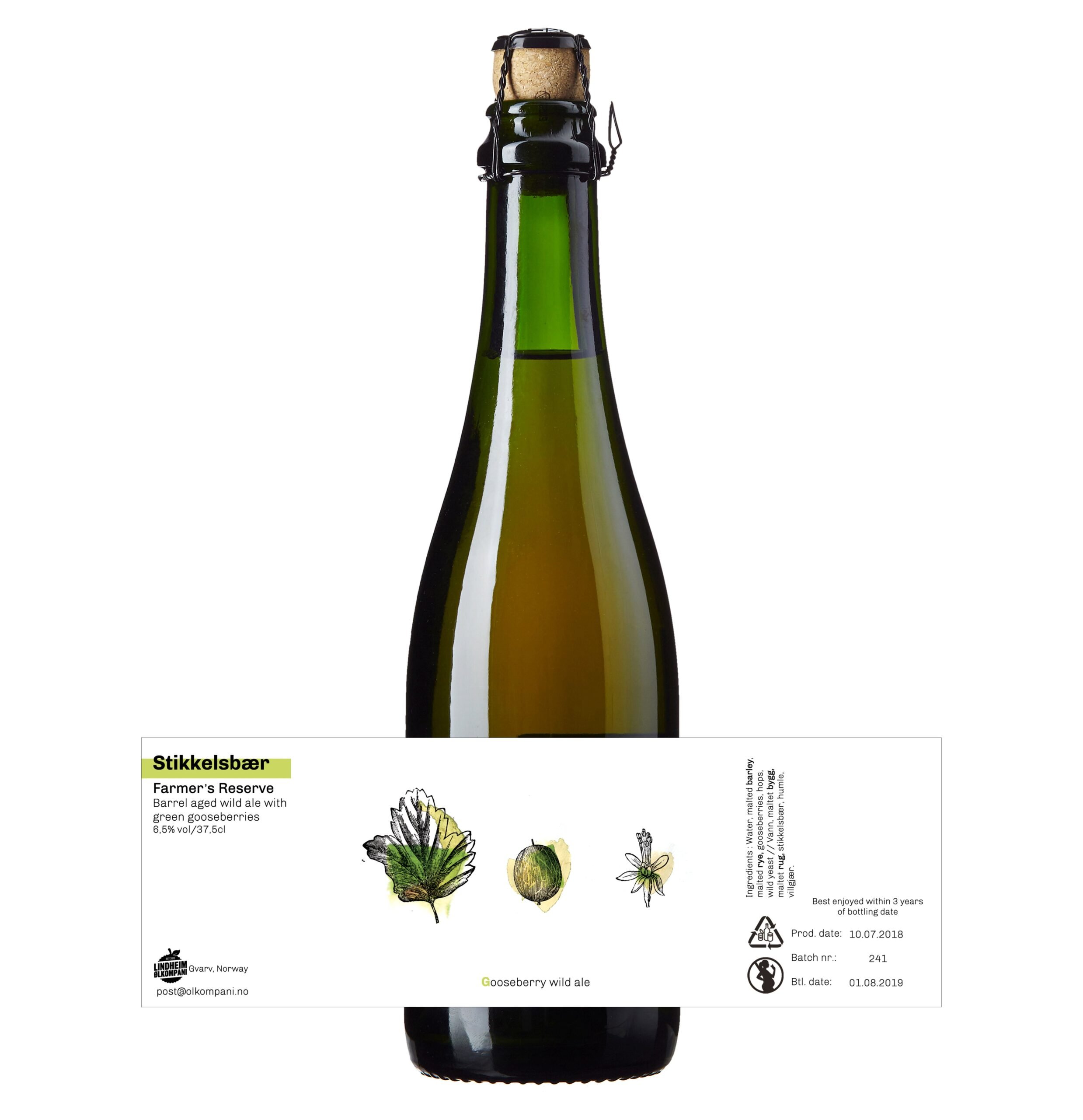 Flaske med Stikkelsbær Farmers' Reserve, en fatlagret villøl med grønn stikkelsbær, 8,5% alkoholinnhold.