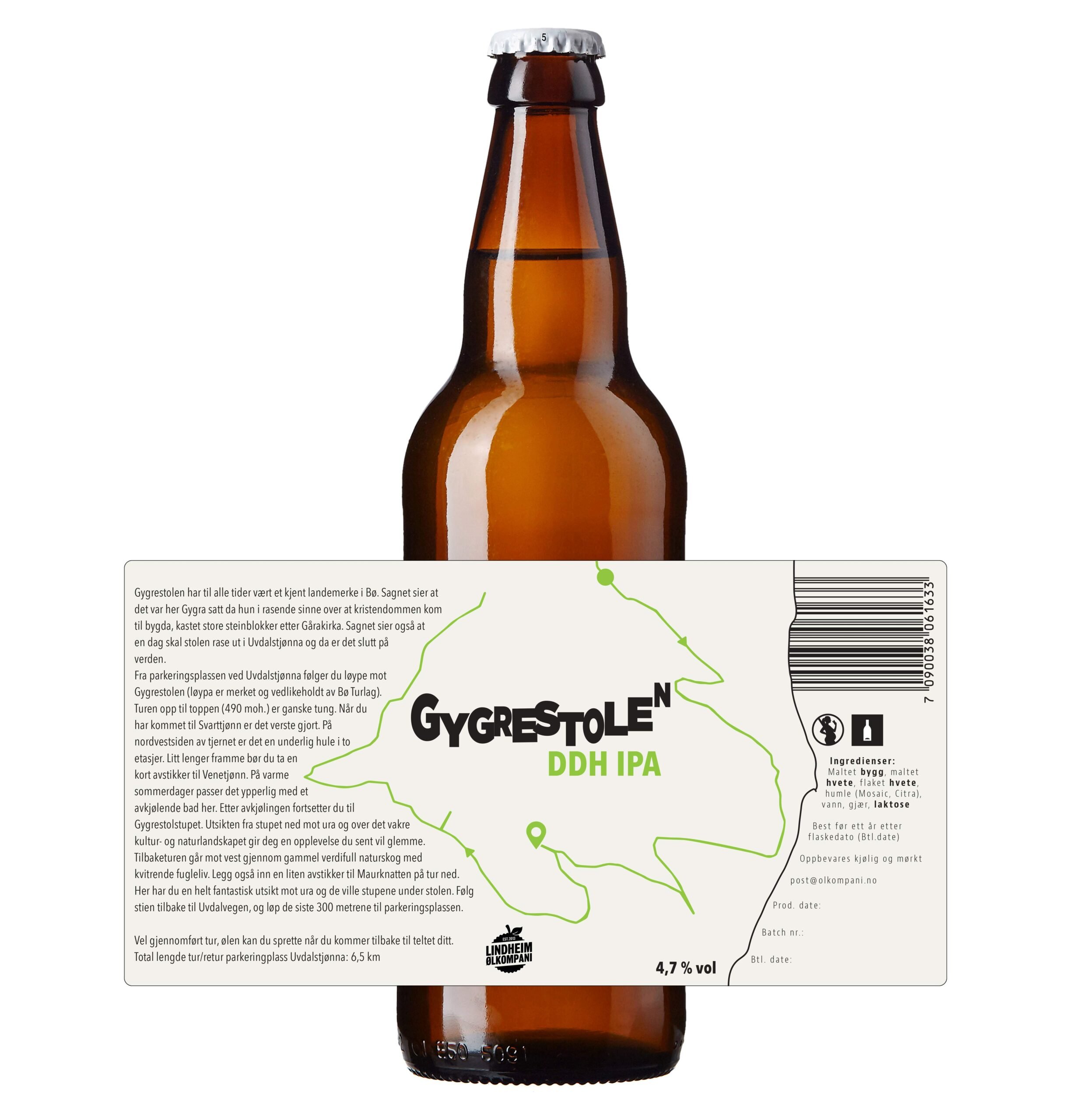 Alt-tekst: Flaske med Gygrestolen DDH IPA, en øl med 4,7 % alkohol fra Lindheim Ølkompani.