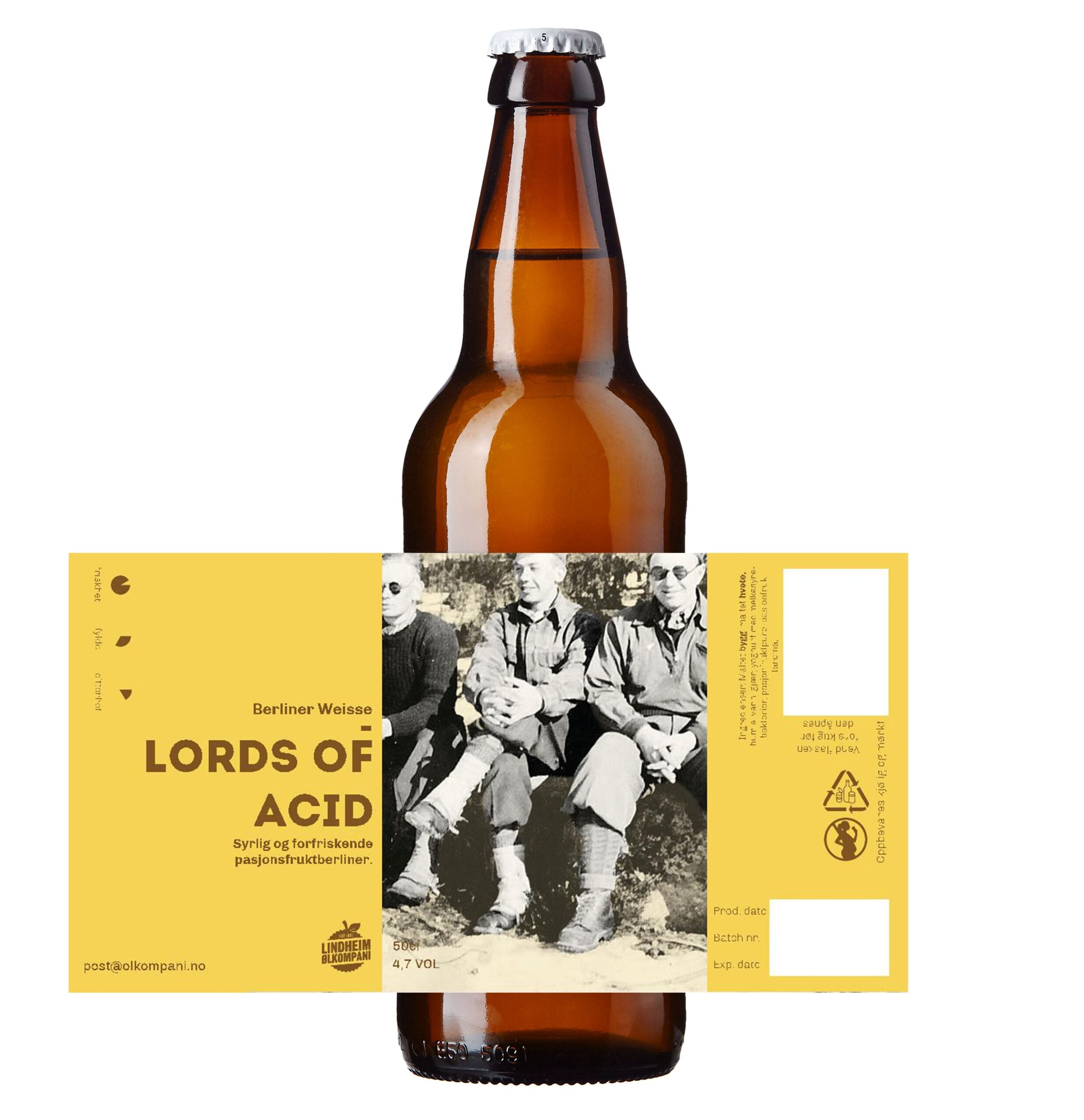 Flaske med ølet Lords of Acid - Berliner Weisse, syrlig og fruktig smak. Brygget av Lindheim Ølcampani.