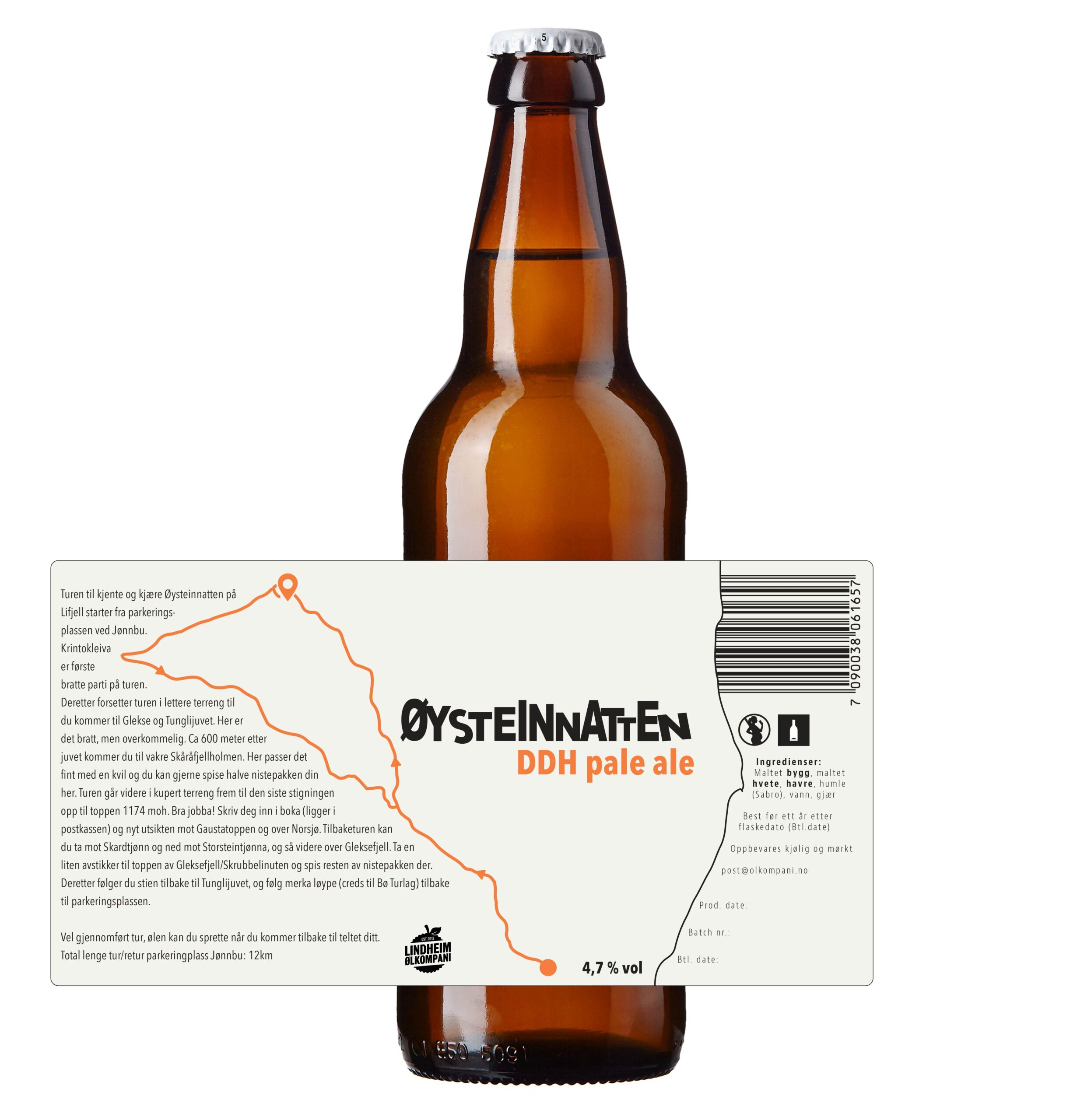 Flaske med etikett for Øysteinvatten DDH pale ale, 4,7 % vol, med informasjon om ingredienser og produksjon.