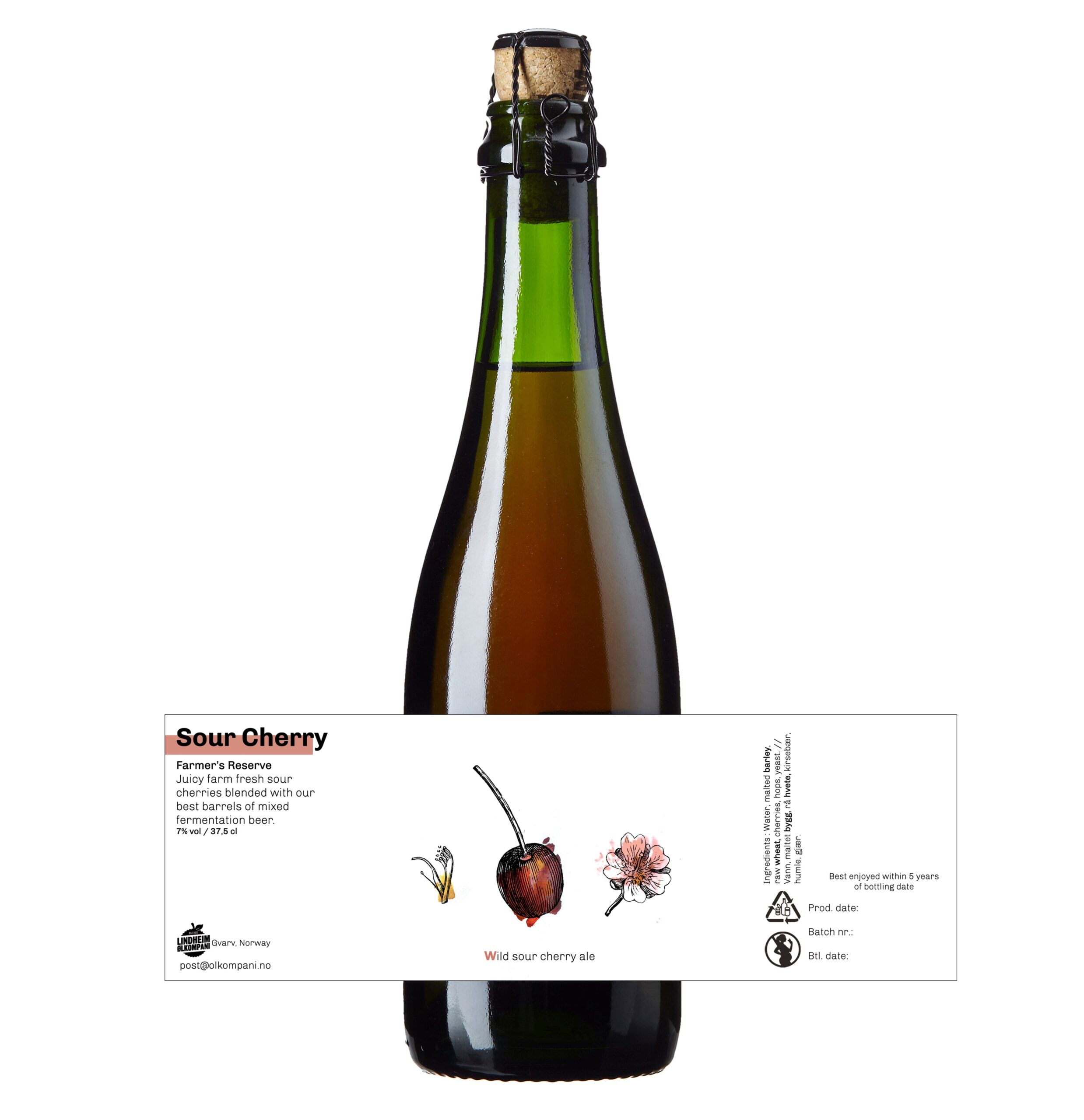 Flaske med Wild Sour Cherry ale, en fruktig og sprudlende øl med smak av friske surkirsebær.
