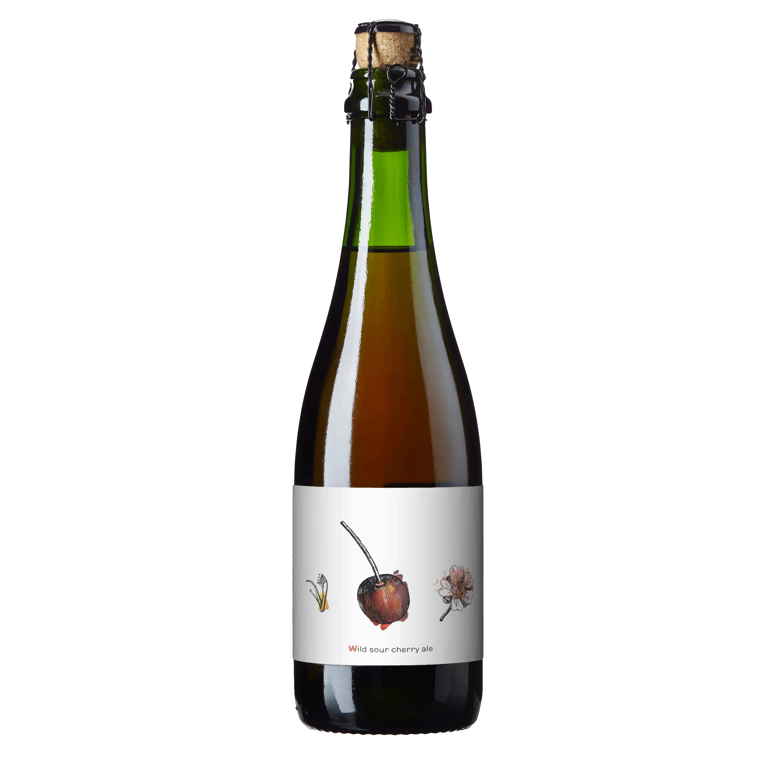 Flaske med wild sour cherry ale, dekorert med illustrasjoner av kirsebær og blomster på etiketten.
