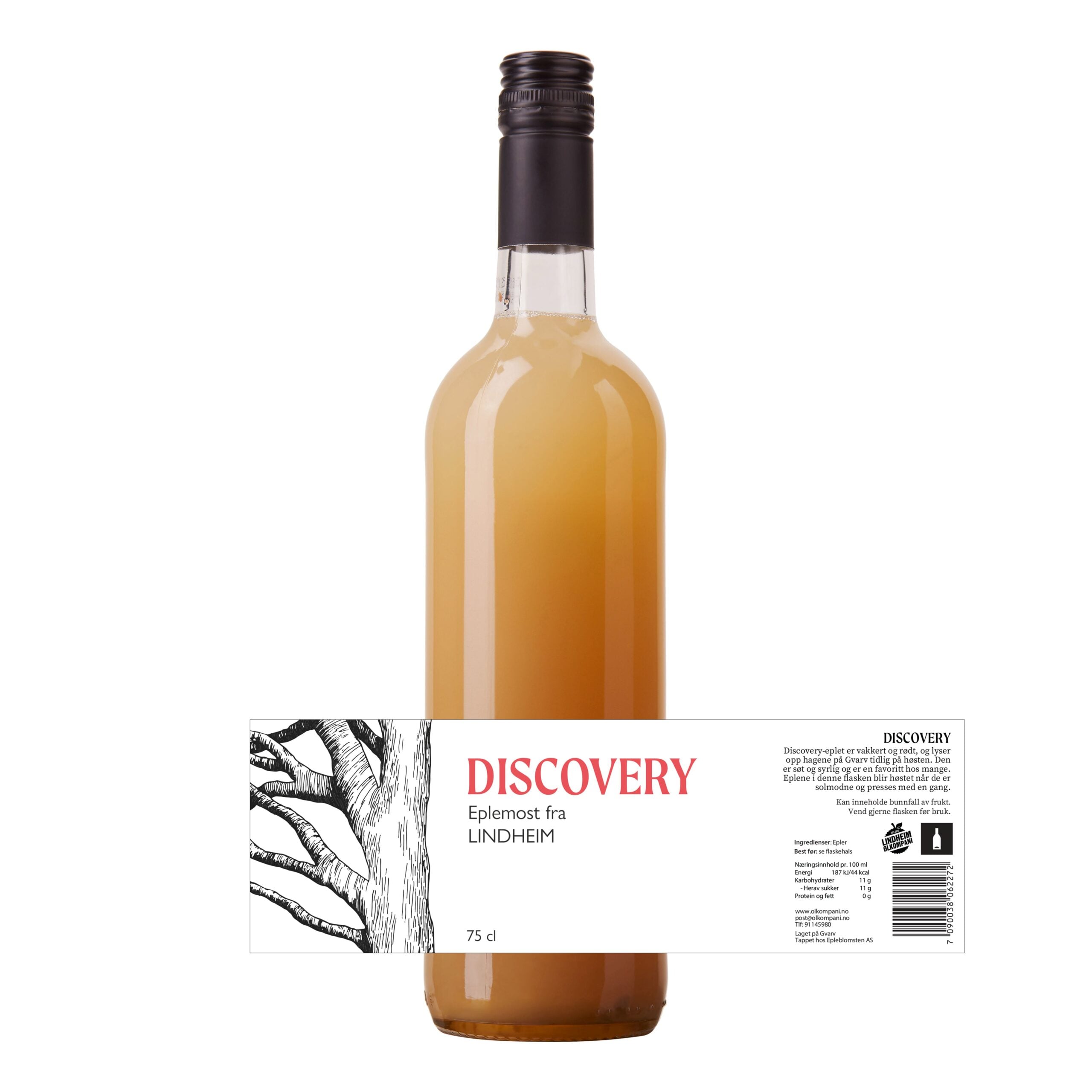 Flaske med eplemost fra Lindheim, merket Discovery, 75 cl, lys gyllen farge og stilren design.