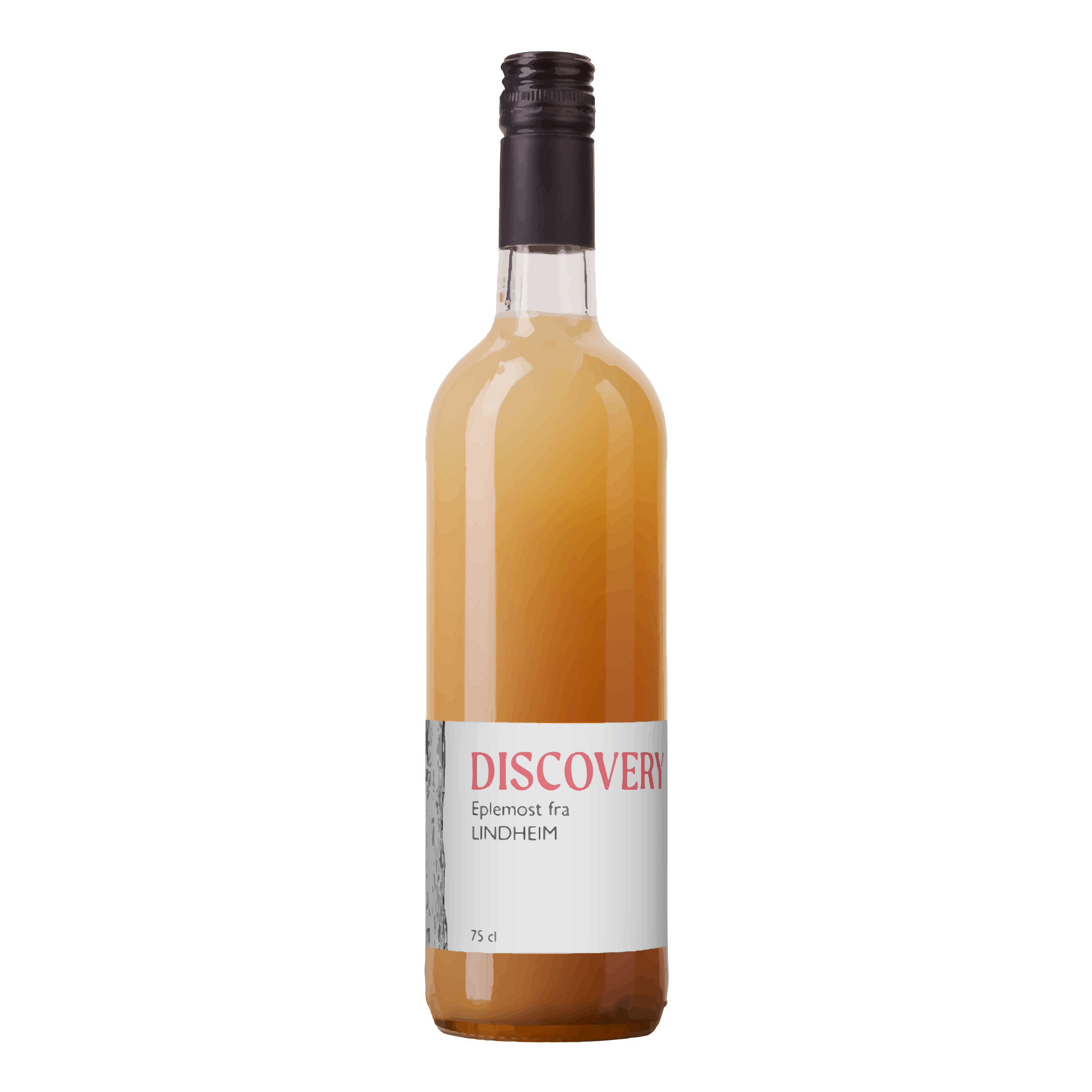Flaske med eplemost fra Lindheim, merket Discovery, 75 cl, med gyllen væske og enkel etikett.