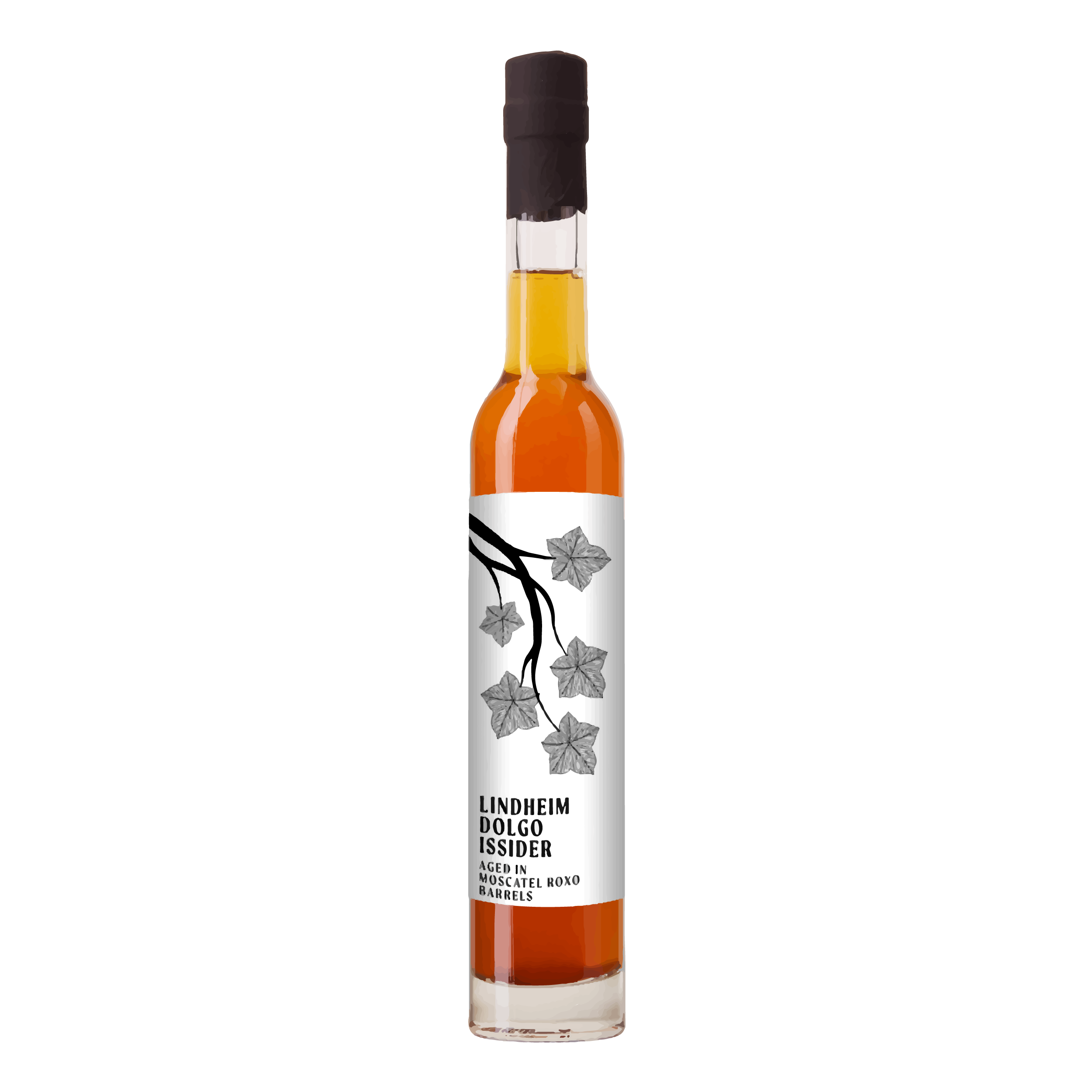 Flaske med Lindheim Dolgo issider, lagret i Moscatel Roxo-fat, med en smakfull, gyllen farge.