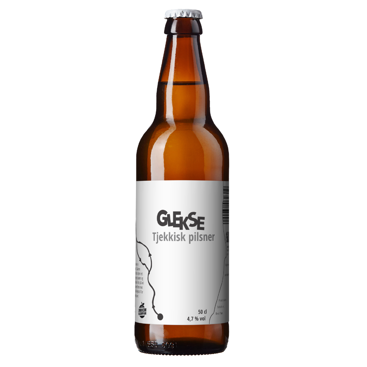 Flaske med Gleks Tjekkisk pilsner, 50 cl, 4,7% alkohol, designet for kvalitet og smak.