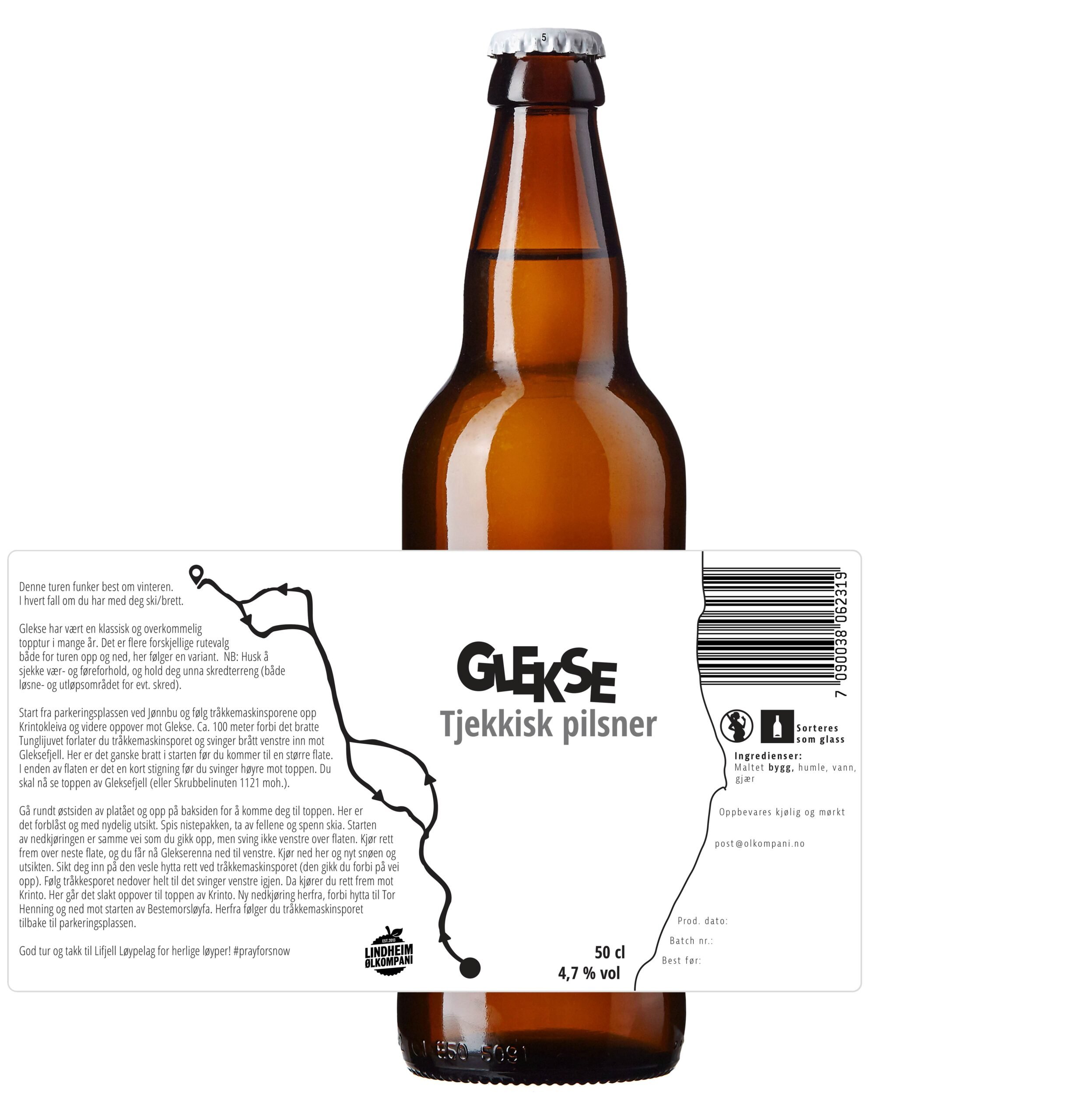 En flaske Glekle Tjekkisk pilsner med etikett, 50 cl, 4,7 % vol, mot en hvit bakgrunn.