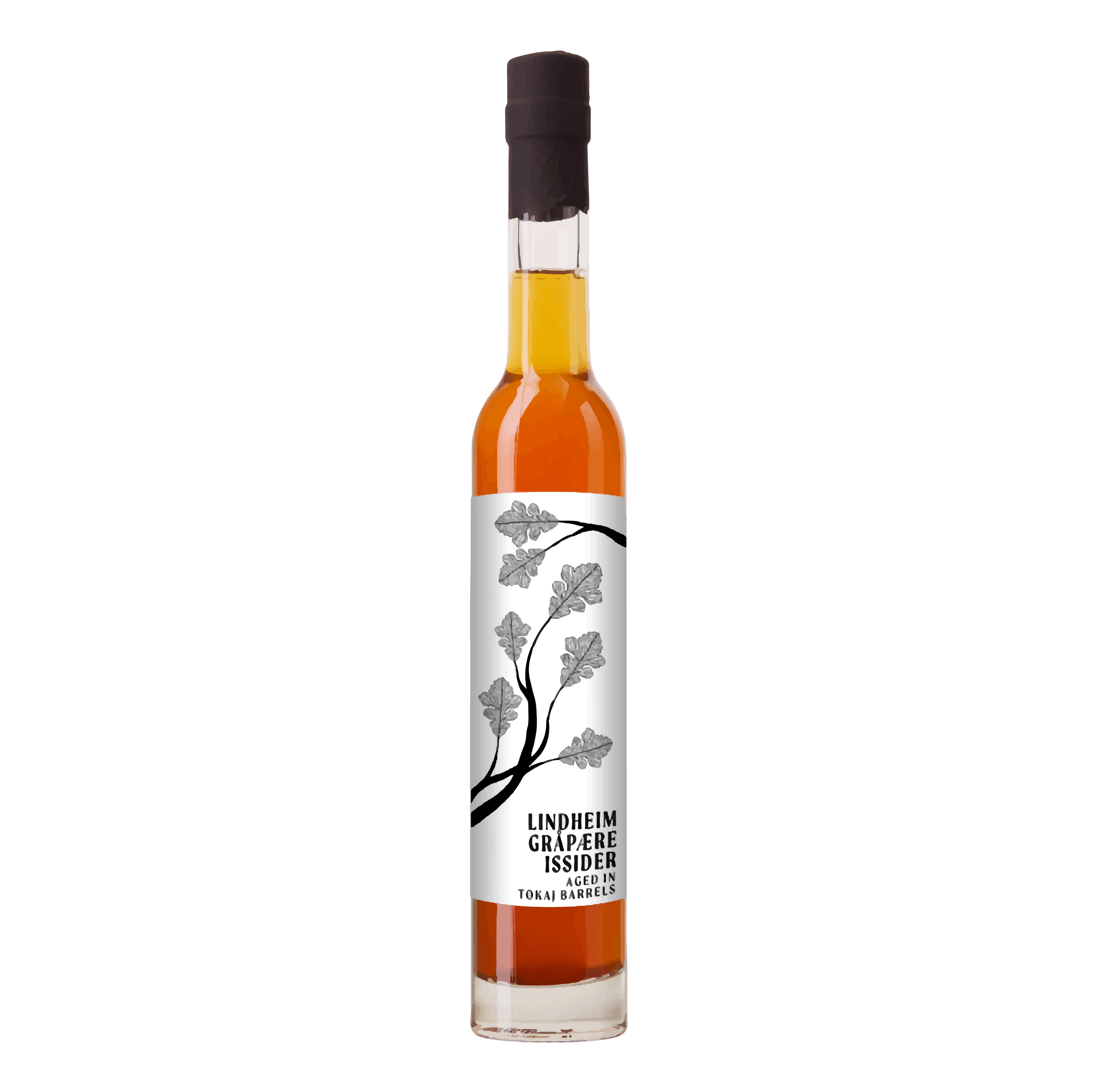 Flaske med Linheim gråpære issider lagret på Tokaj-fat, med elegant design og gylne toner.