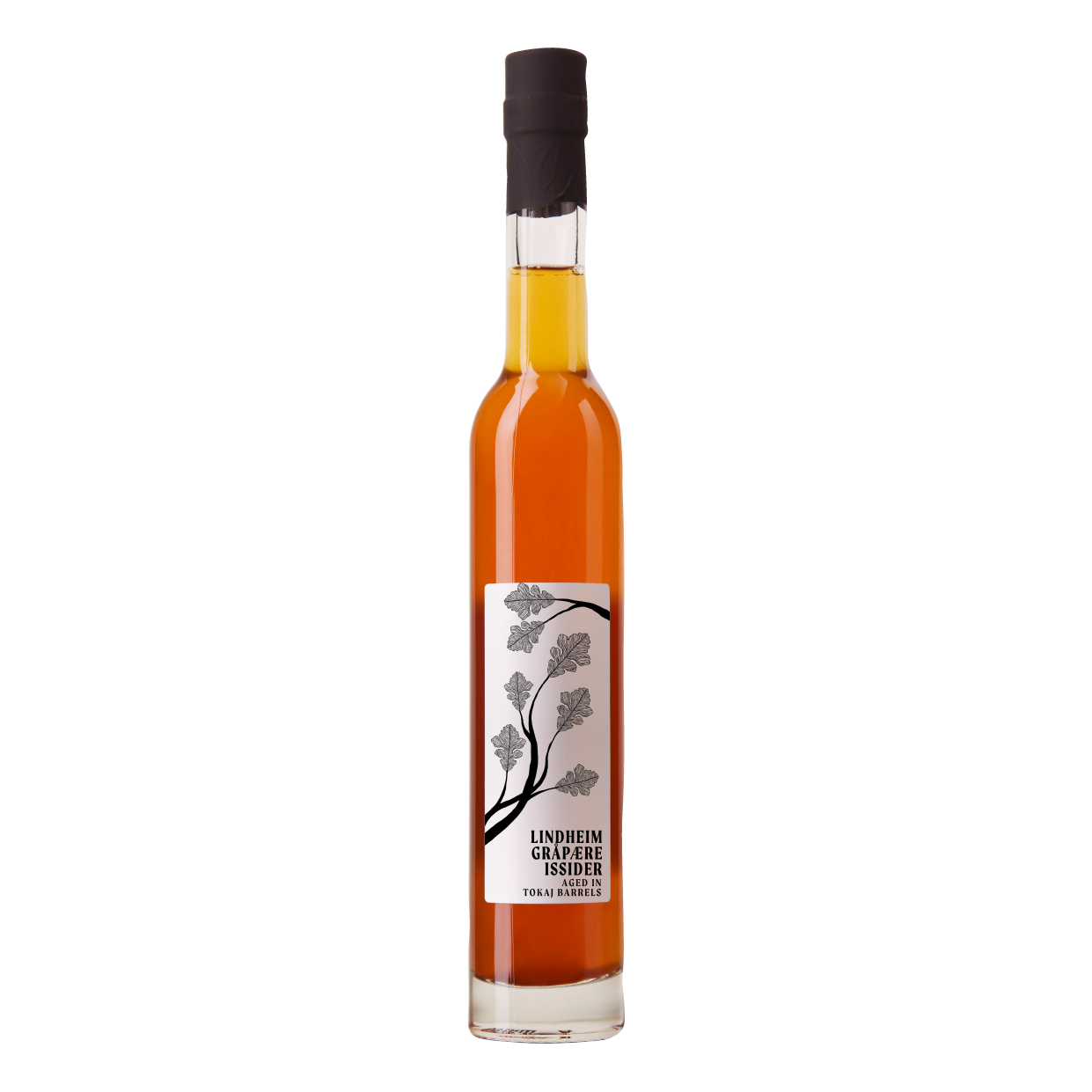 Flaske med Lindheim grapefrukt-issider lagret i Tokaj-fat, gylden farge og stilrent design.