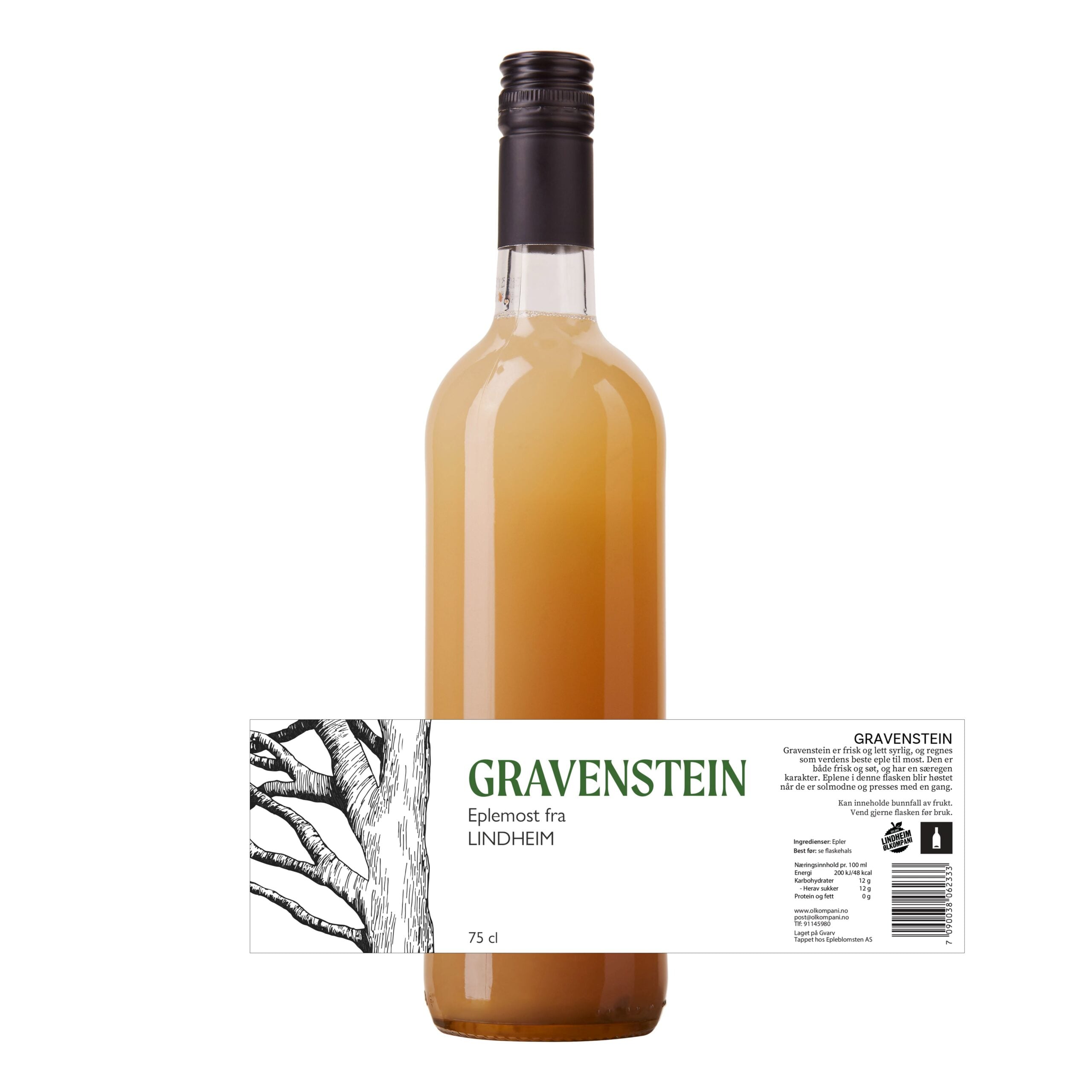 Eplemost fra Lindheim i en 75 cl flaske, med Gravenstein-epler og naturlig farge. Perfekt til alle anledninger.