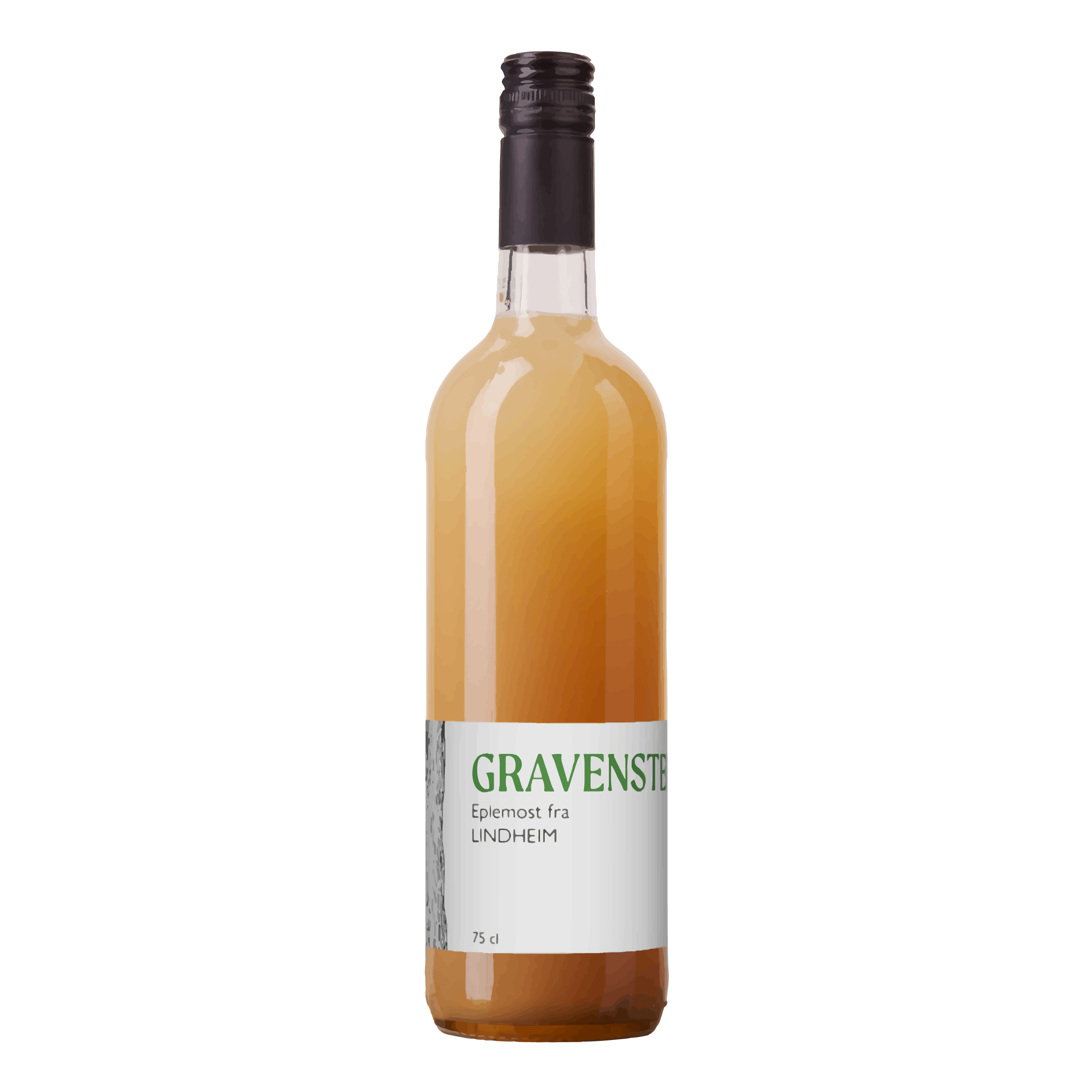 Flaske med Gravenstein eplemost fra Lindheim, 75 cl, med naturlig farge og stilren etikett. Perfekt til alle anledninger.