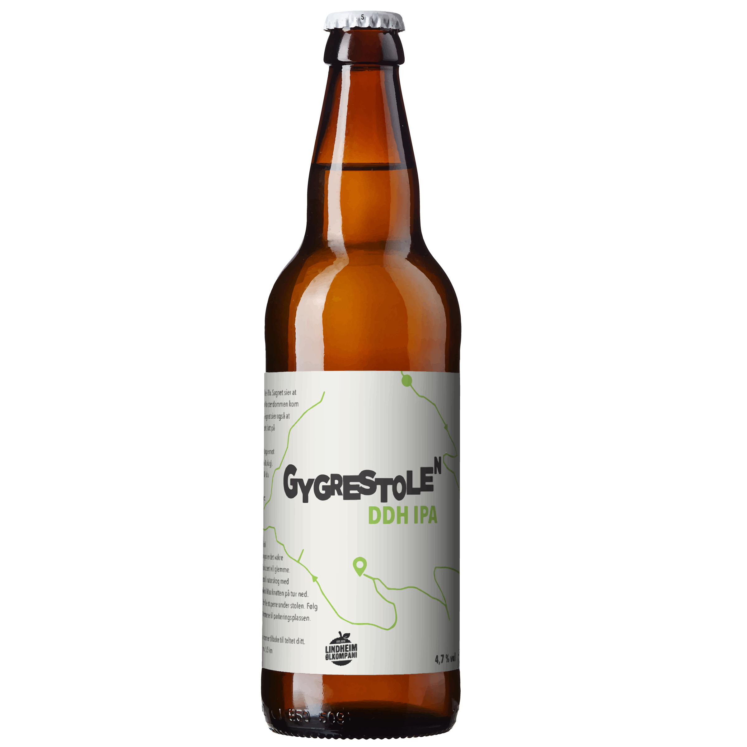 Alt-tekst: Flaske med Gygrestolen DDH IPA, en øl med unik smak og design, produsert av Lindheim Ølkompani.