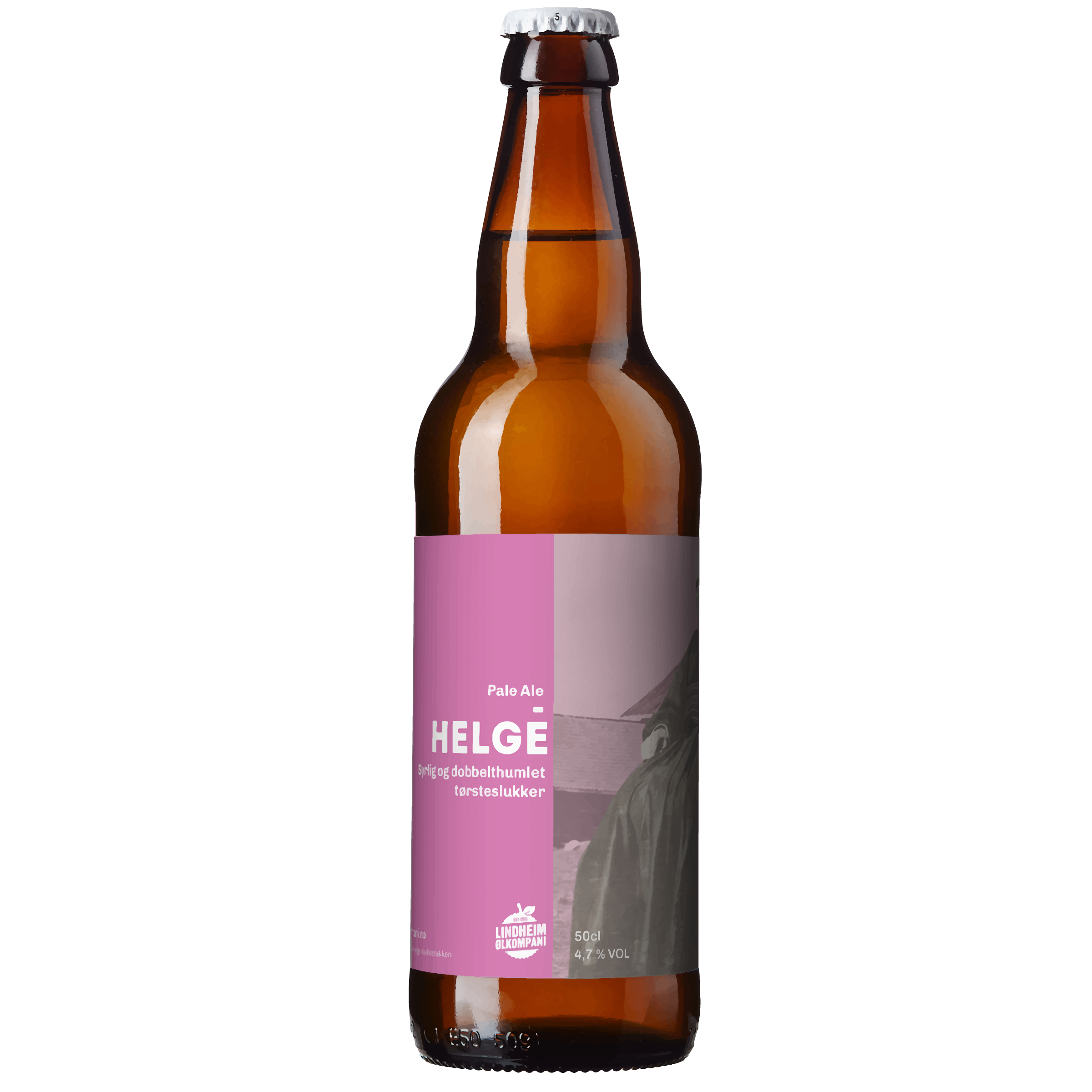 Flaske med Pale Ale øl merket HELGE fra Lindheim Ølkompani, 50 cl og 4,7% volum.