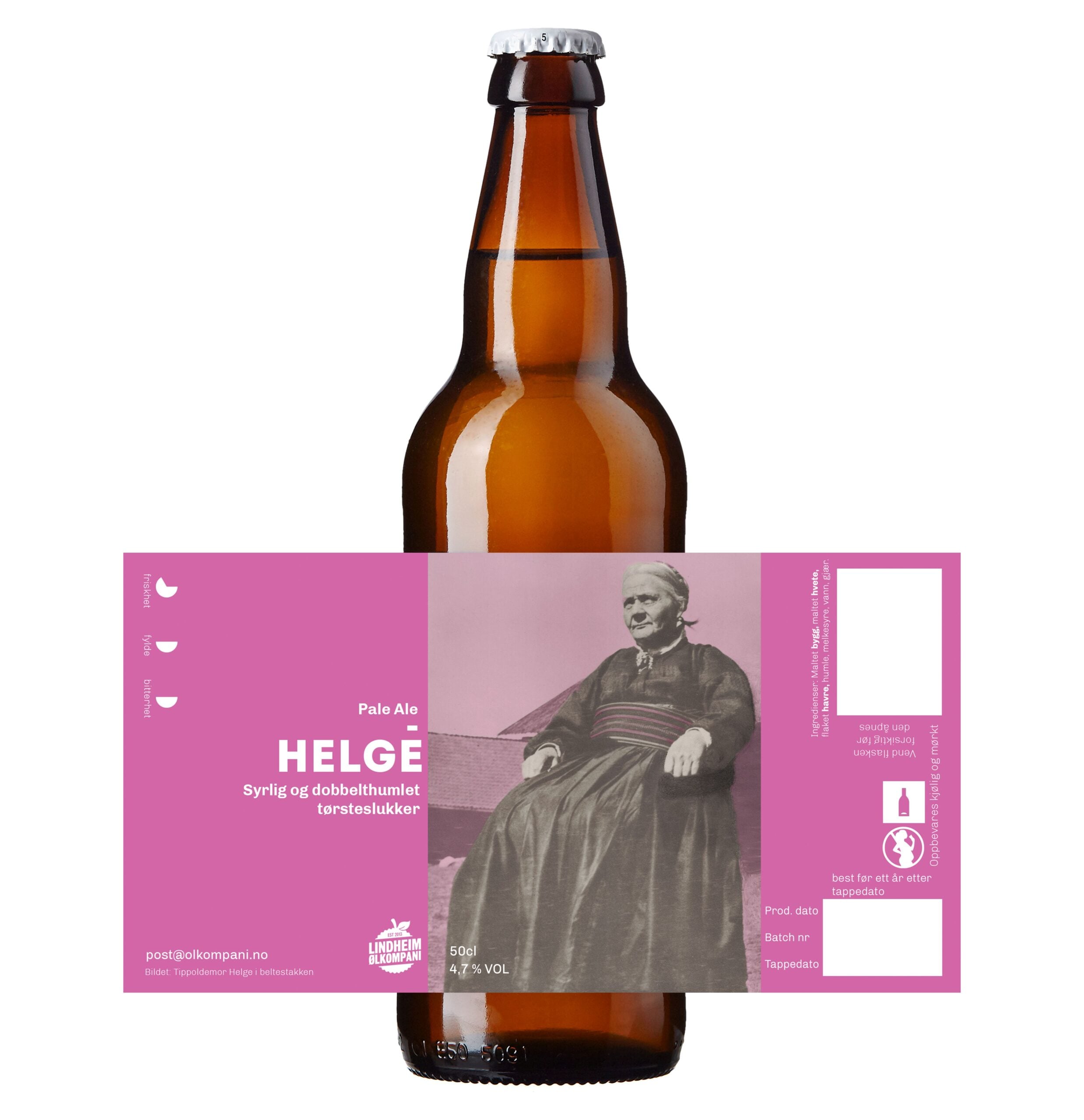 Alt-tekst: Flaske med pale ale Helge fra Lindheim, med et nostalgisk etikettdesign og bilde av en kvinne.