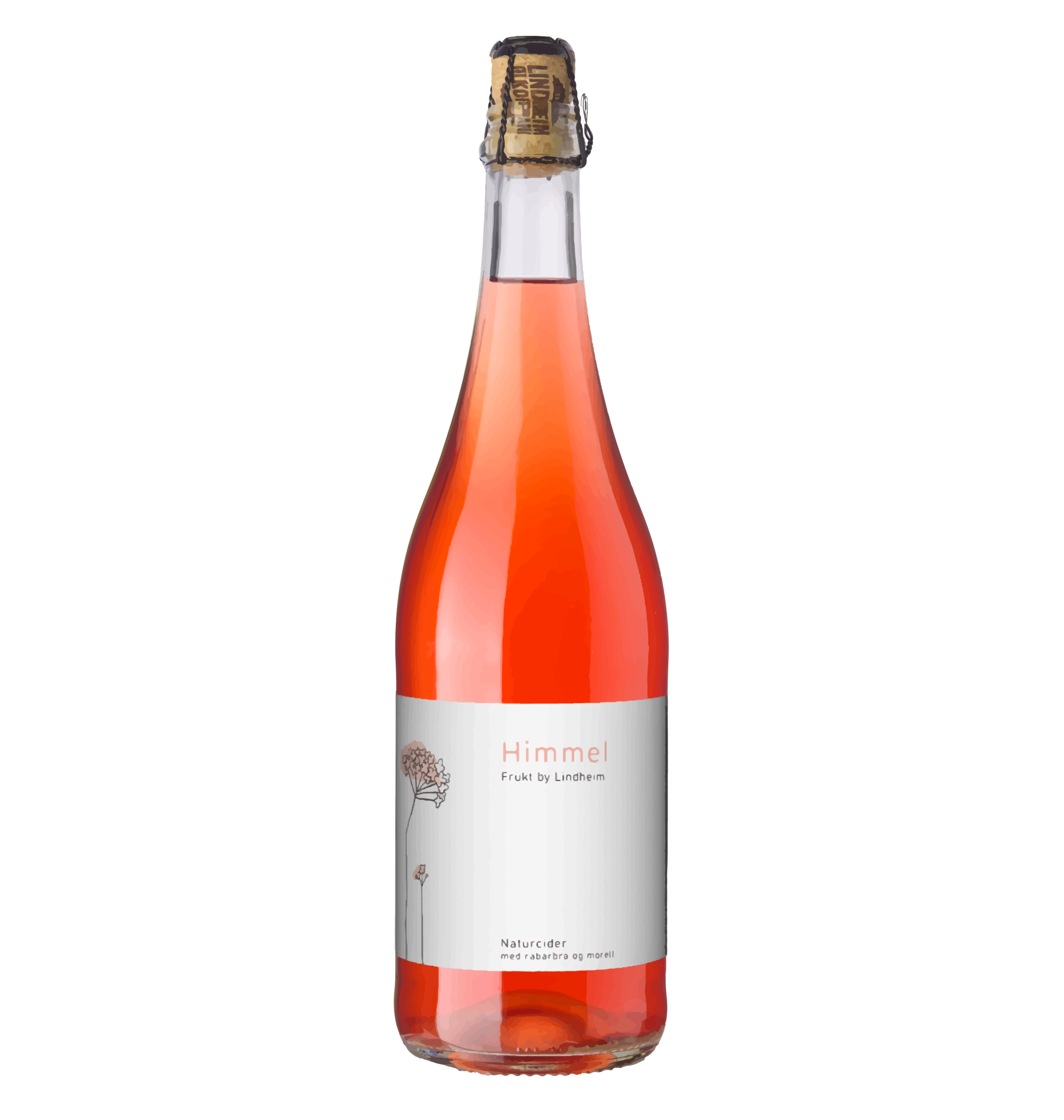 En flaske med naturcider Himmel fra Frukt by Lindhem med en lys rosa farge og elegant etikett.