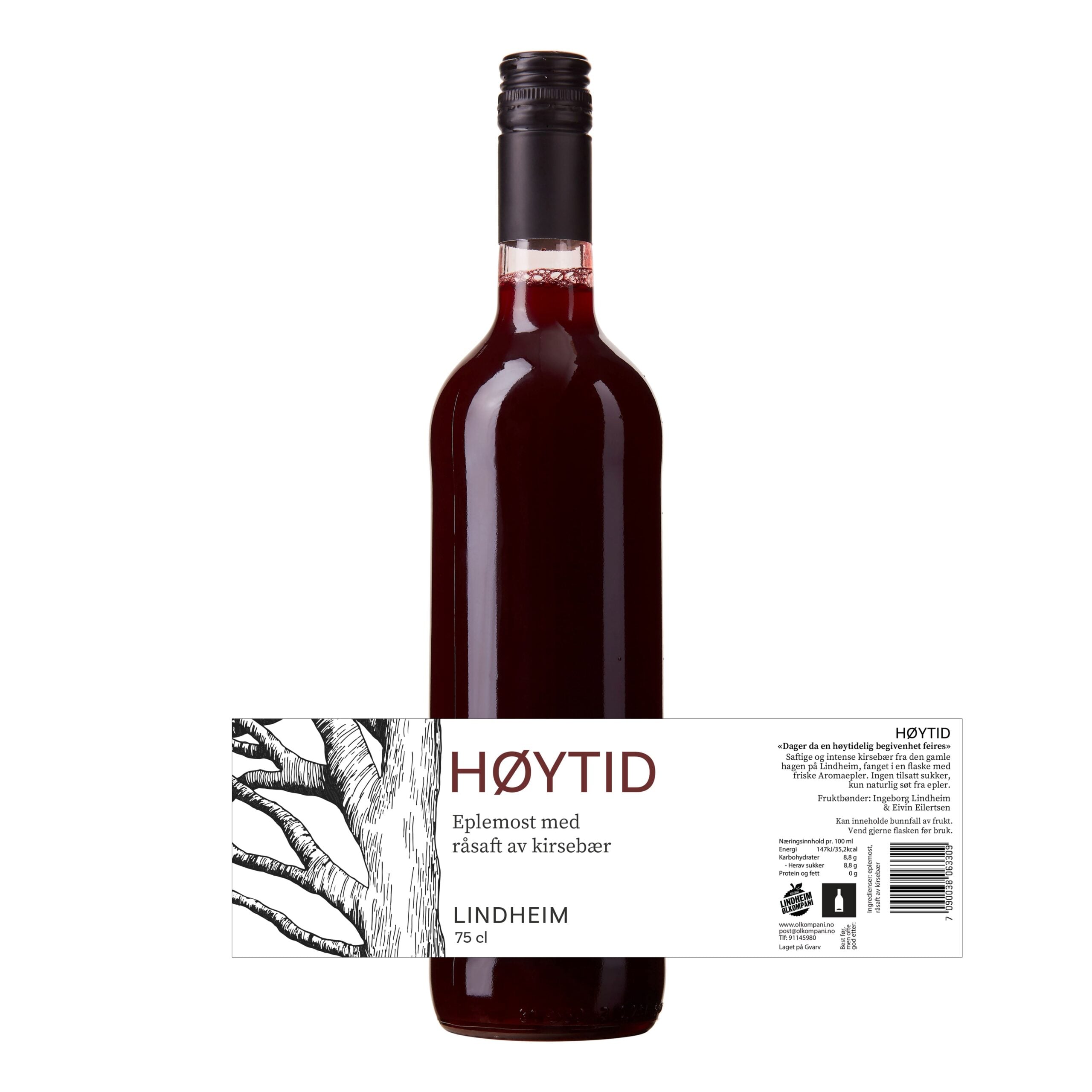 Alt-tekst: Flaske med høytid eplemost og rårsaft av kirsebær fra Lindheim, 75 cl, med detaljert etikett.
