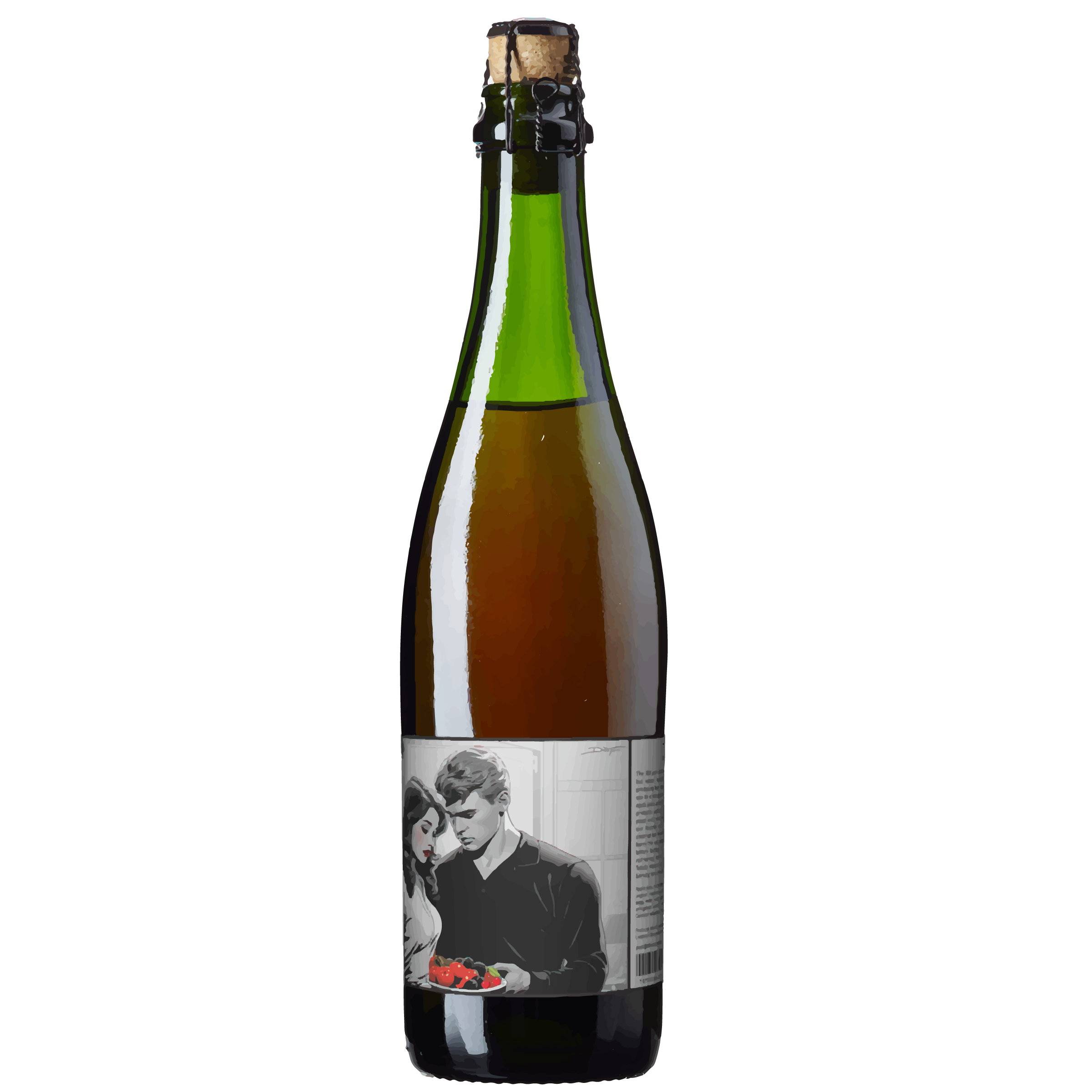 Alt-tekst: Flaske med vin, med et kunstnerisk etikettdesign av et par som deler jordbær.