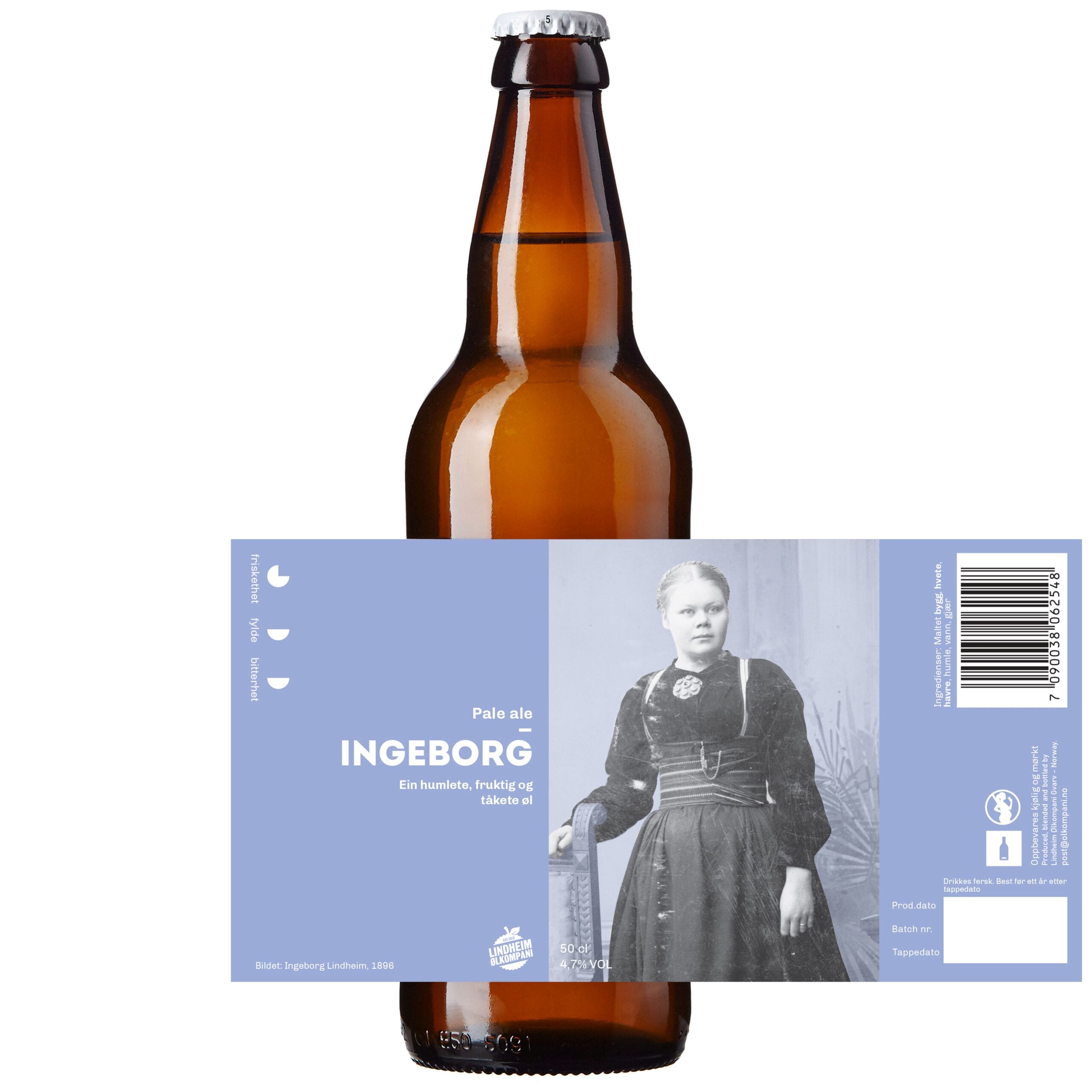 Alt tekst: Flaske med pale ale Ingeborg, med etikett som viser en kvinne i 1800-tallsdrakt og beskrivelse av ølet.