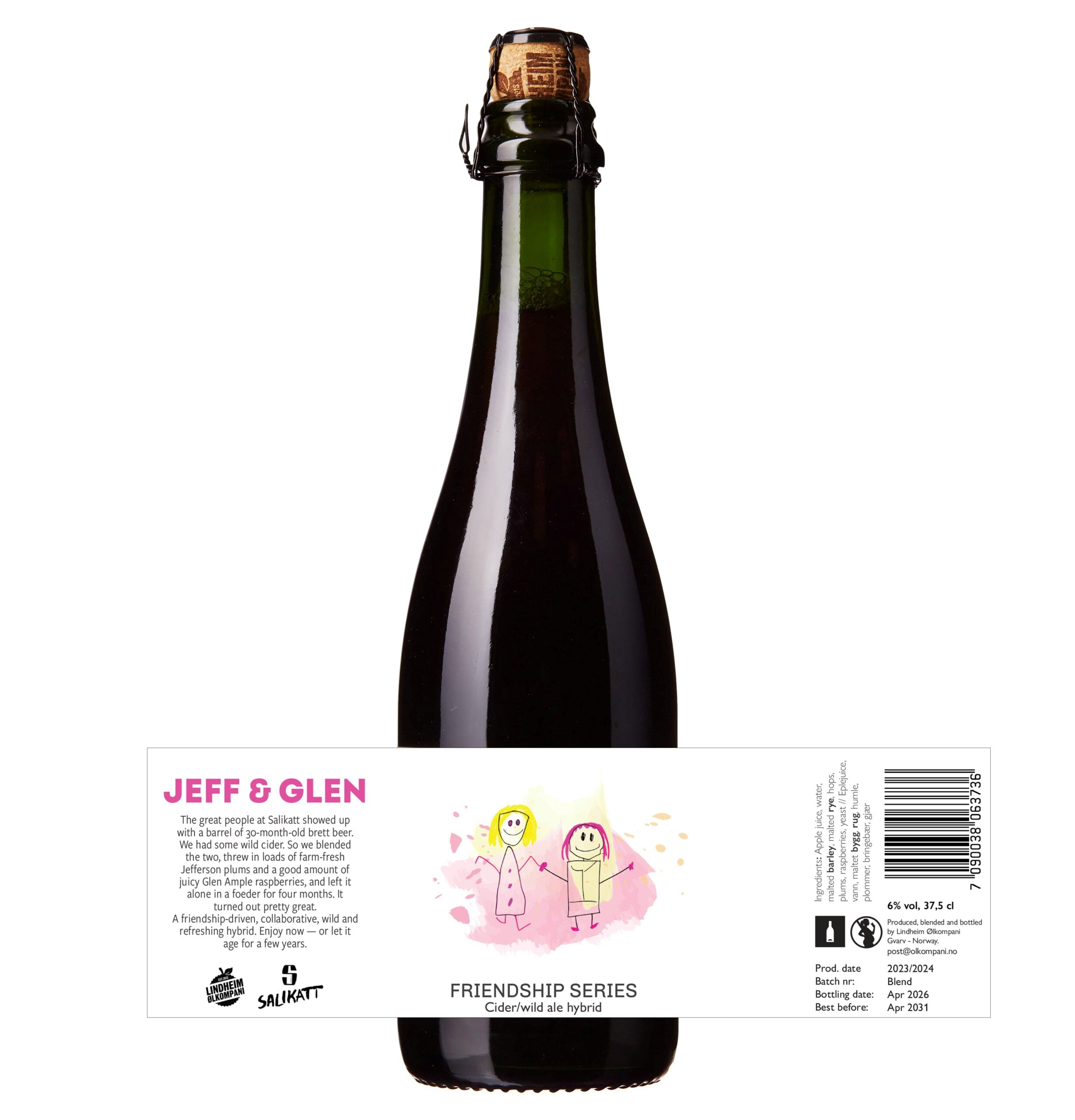 Flaske med cider/wild ale hybrid fra Salikatt, merket Friendship series med fargerik etikett.