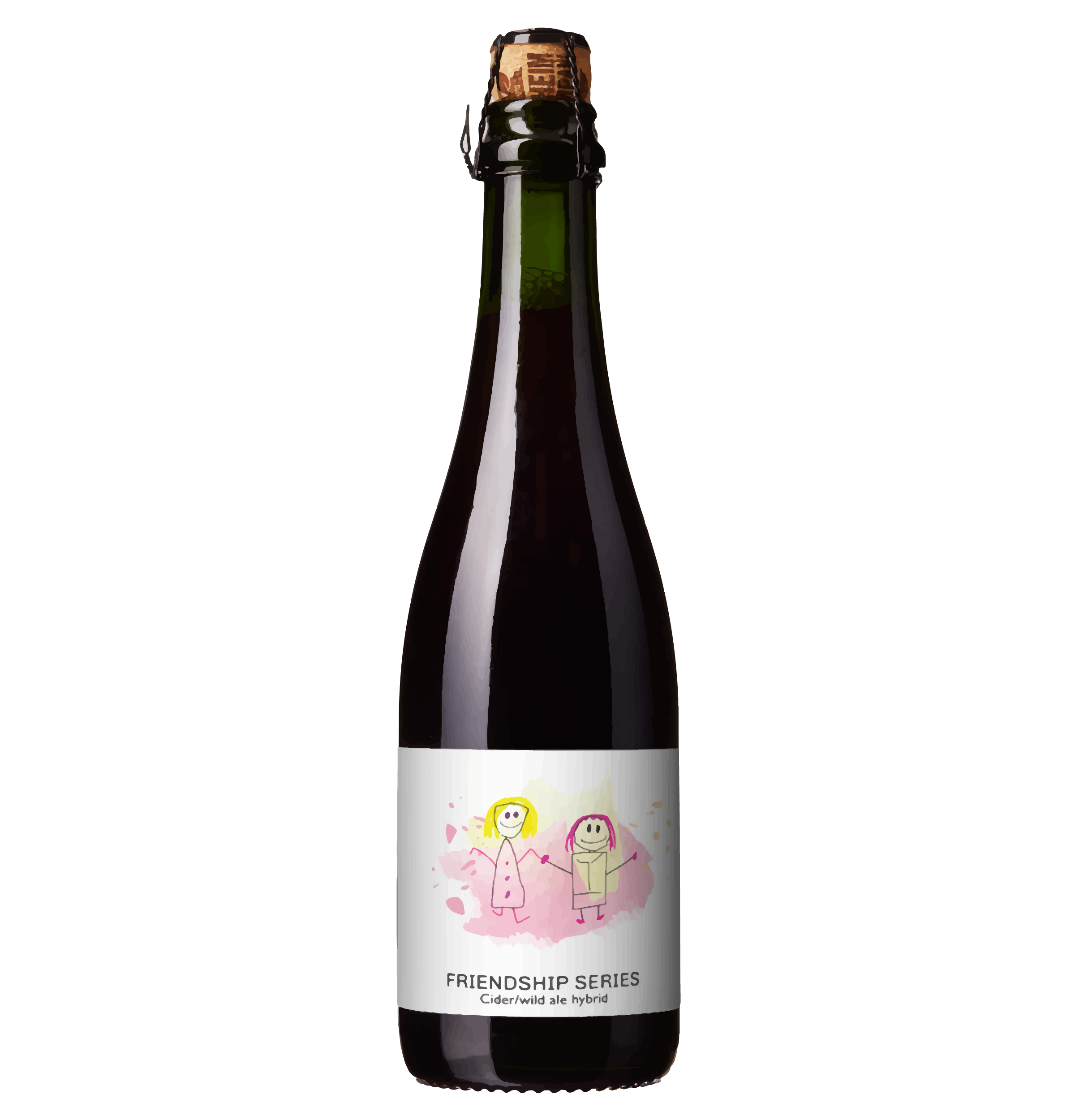 Alt tekst: Flaske av cider med etikett som viser tegning av to venner, tilhørende Friendship Series.