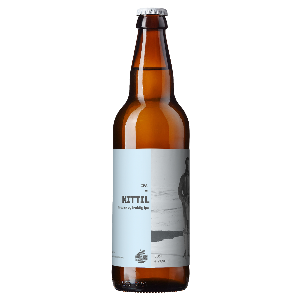 Alt-tekst: Flaske med Kittil IPA, en tropisk og fruktig øl fra Lindheim Ølkompani, 0,5 liter, 4,7% ABV.
