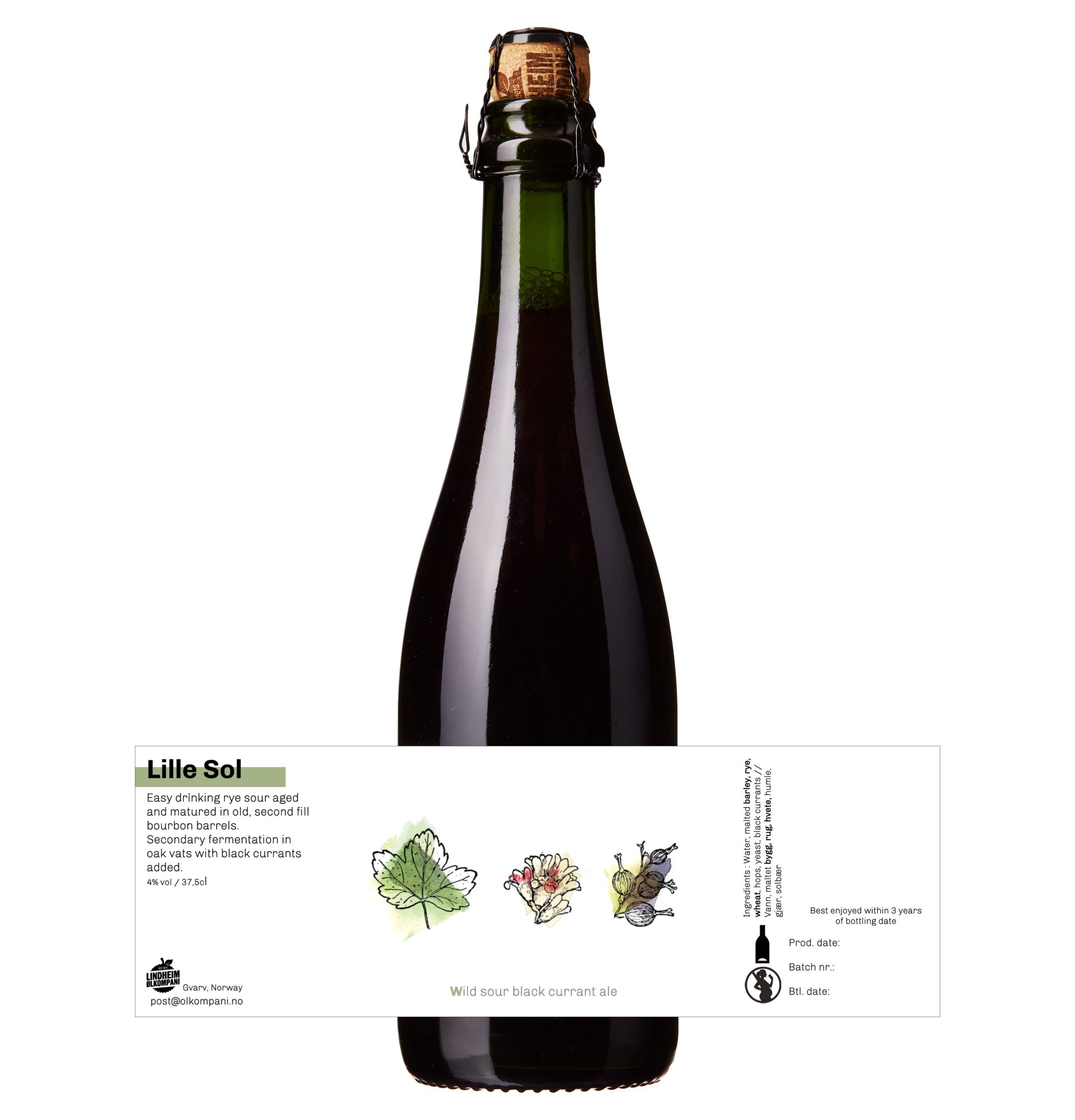 Flaske med Lille Sol, en wild sour black currant ale fra Norge, med detaljer om smak og produksjon.