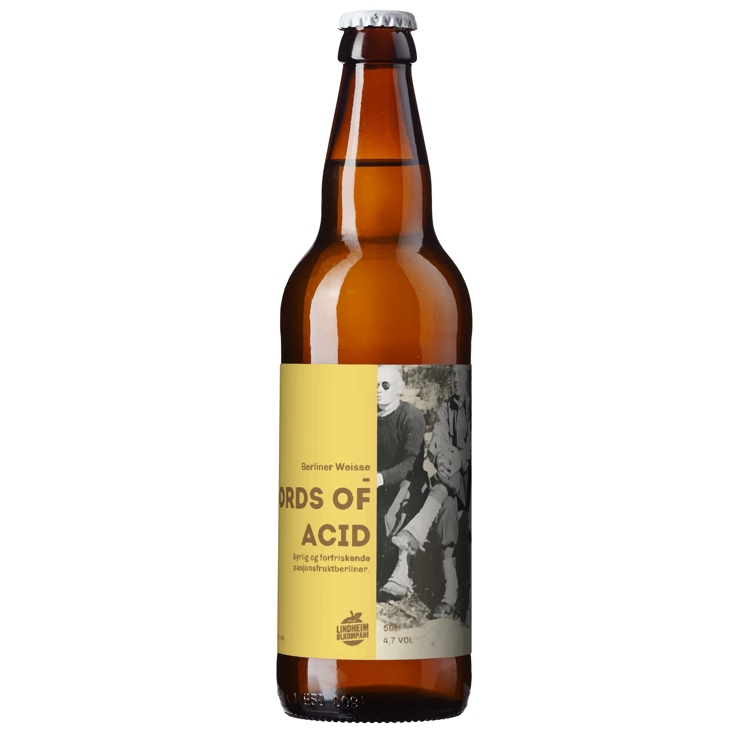 Flaske med Berliner Weisse Words of Acid, med notater av pasjonsfrukt og en alkoholprosent på 4,7 %.