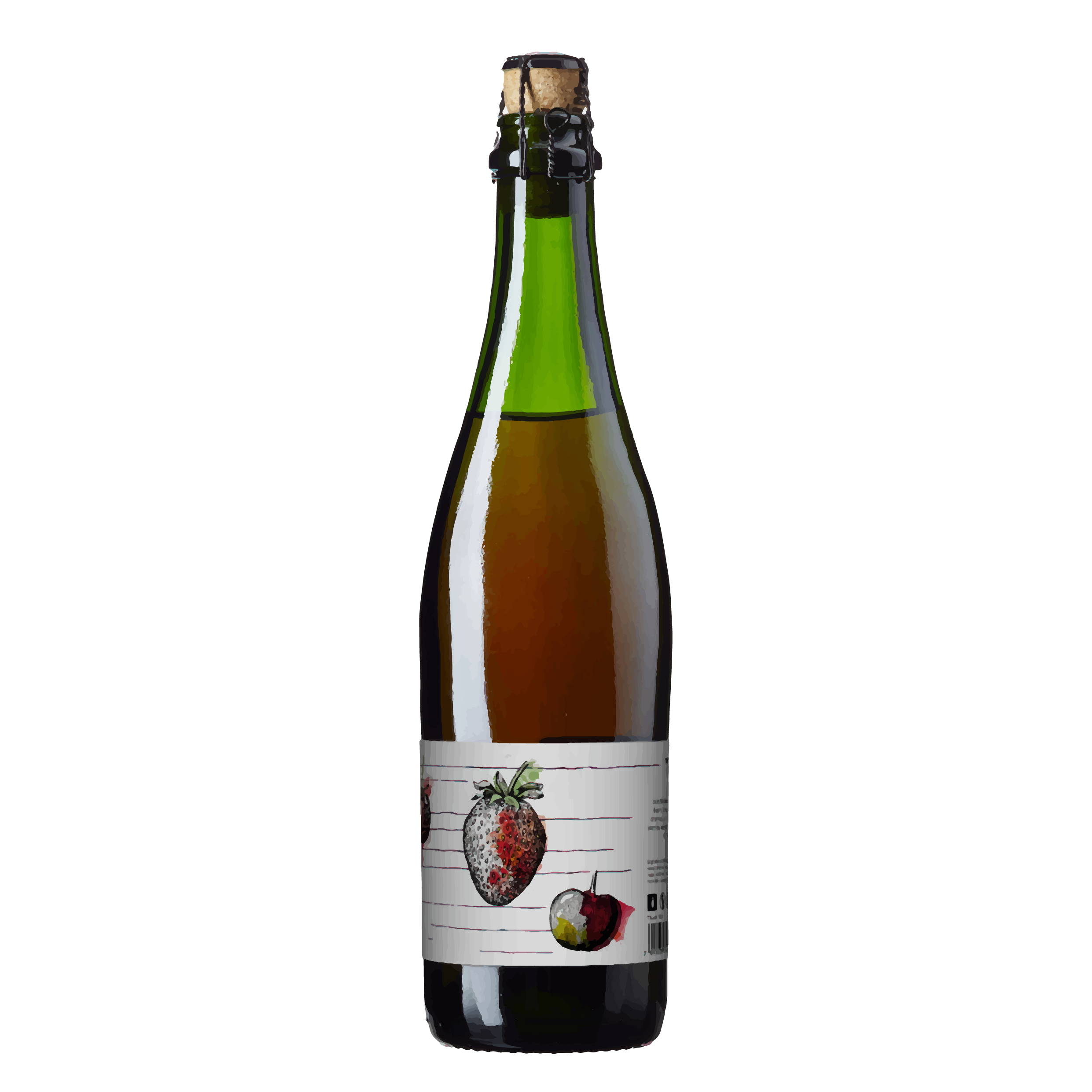 Flaske med musserende drikke med et etikettdesign av jordbær og epler. Perfekt for festlige anledninger.