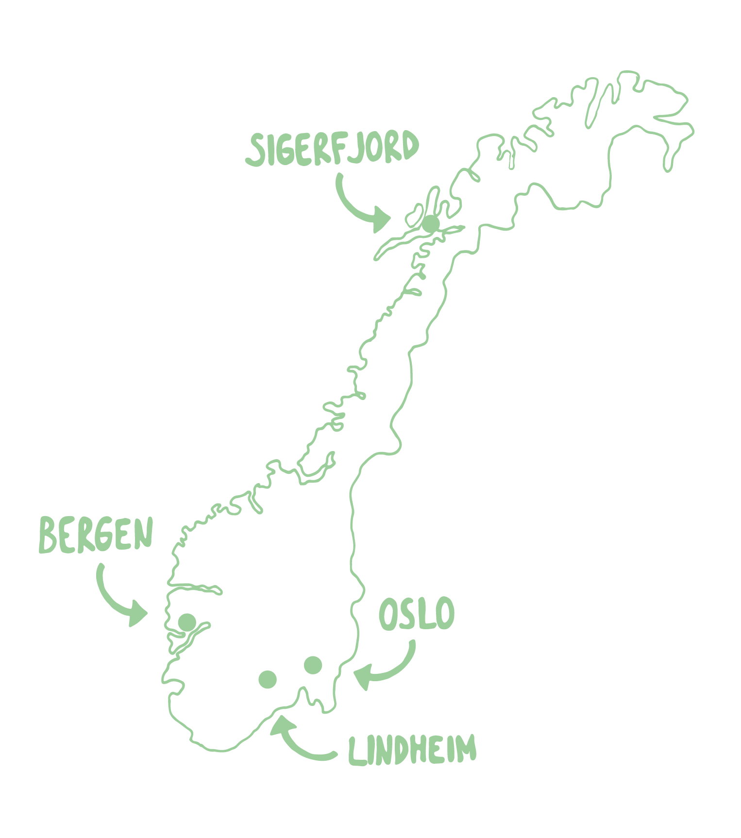 Kart over Norge med byene Bergen, Oslo, Lindheim og Sigerfjord merket. Illustrert i grønt.