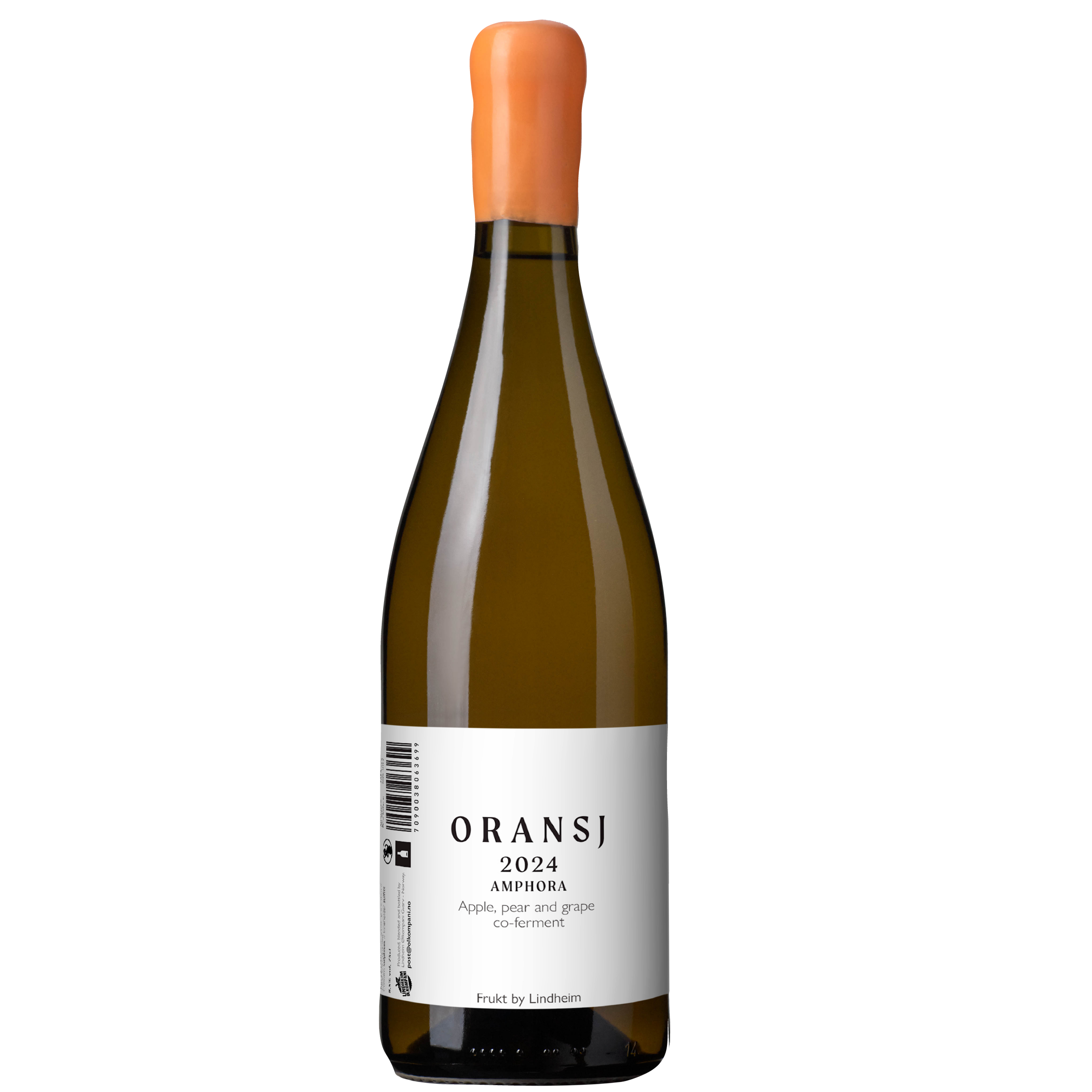 Flaske med Oransj 2024 Amphora, laget av eple, pære og drue - en unik co-fermentert vin.