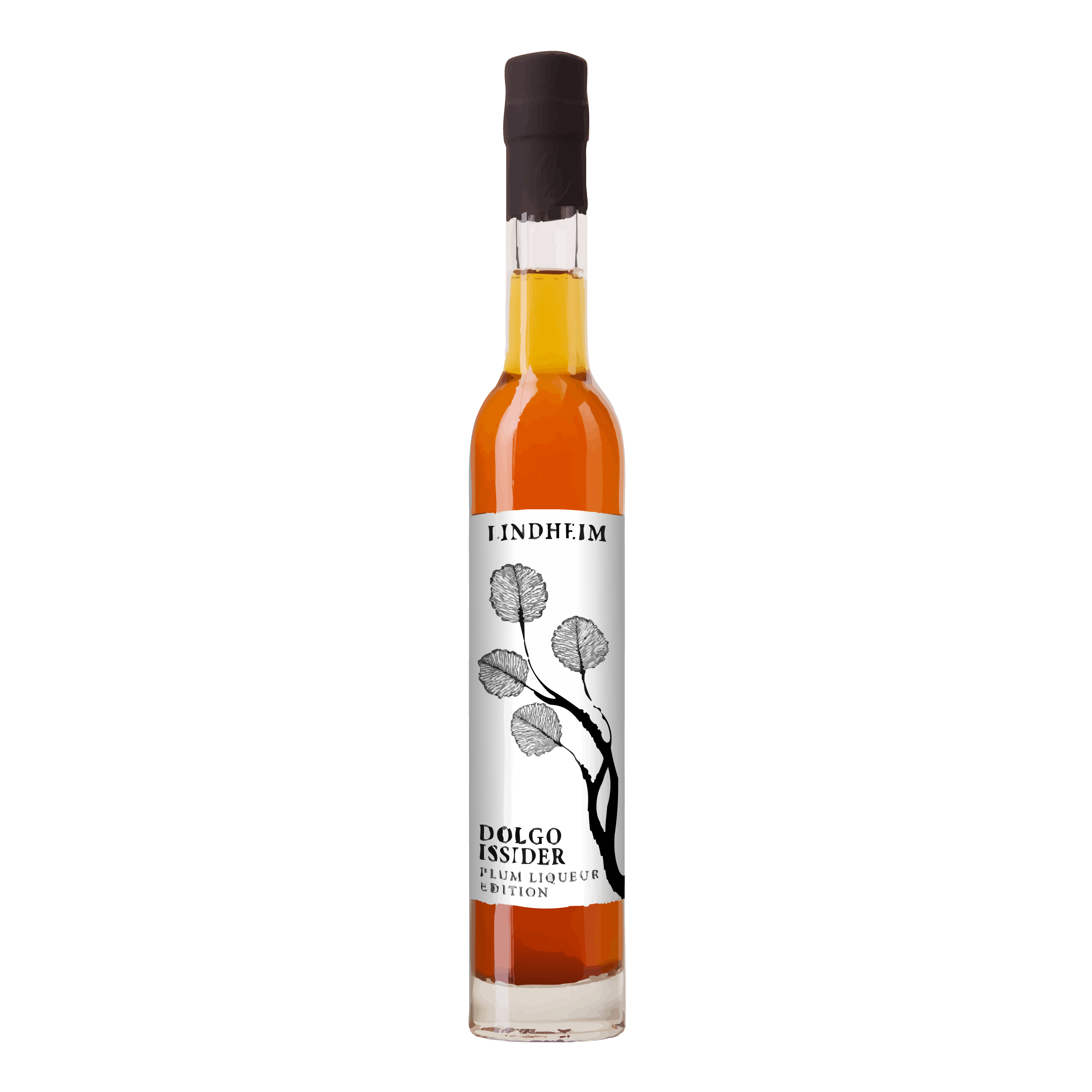 Flaske med Lindheim Dolgo issider, en plomme-likør med elegant design og gyllen farge. Perfekt som dessertdrink.