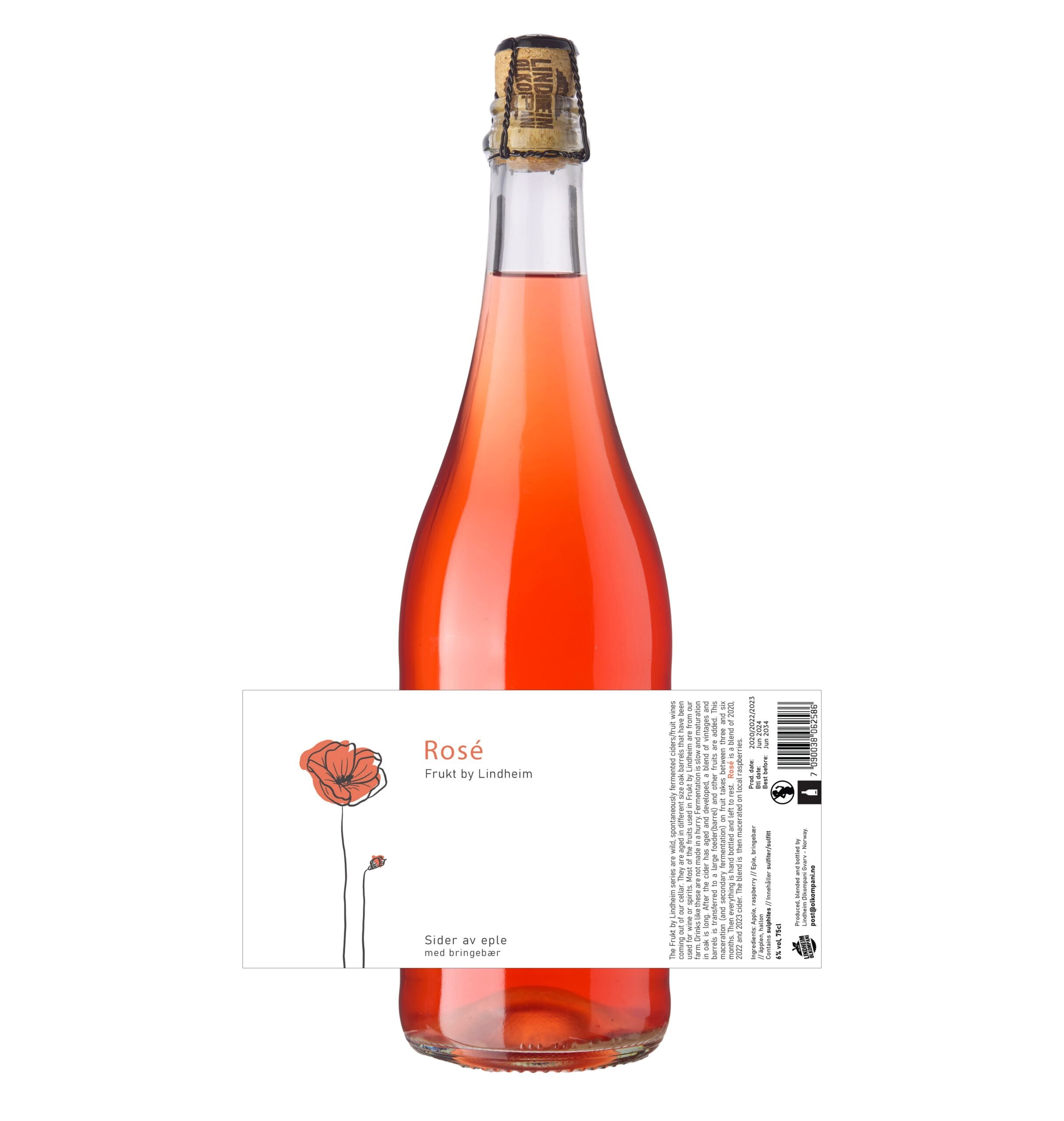 Alt-tekst: Flaske med rosévin fra Lindheim, med etikett som viser navnet og ingredienser. Frisk og fruktig smak.