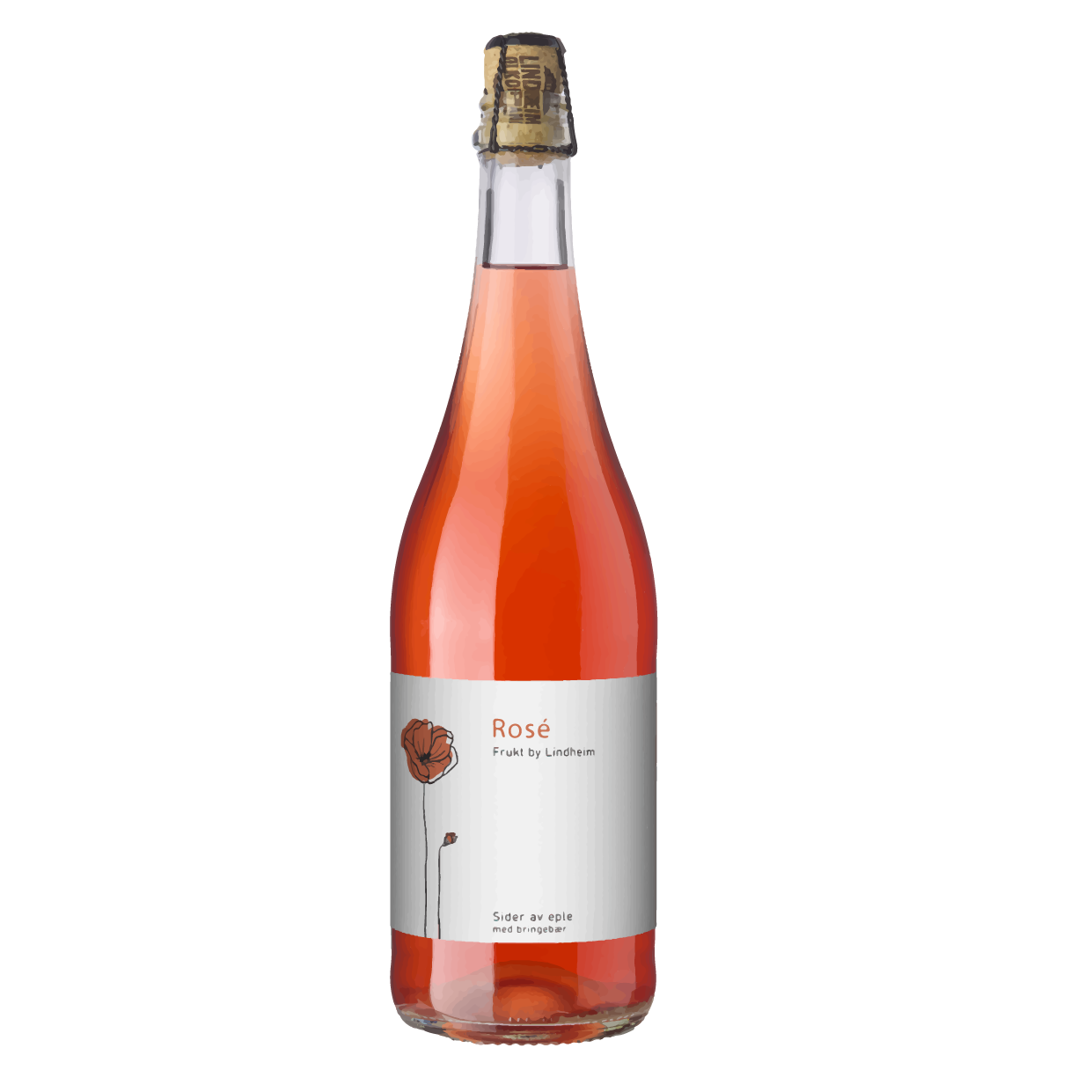 Flaske med rosévin fra Frukt by Lindheim, laget av epler og bringebær, med dekorativ etikett.