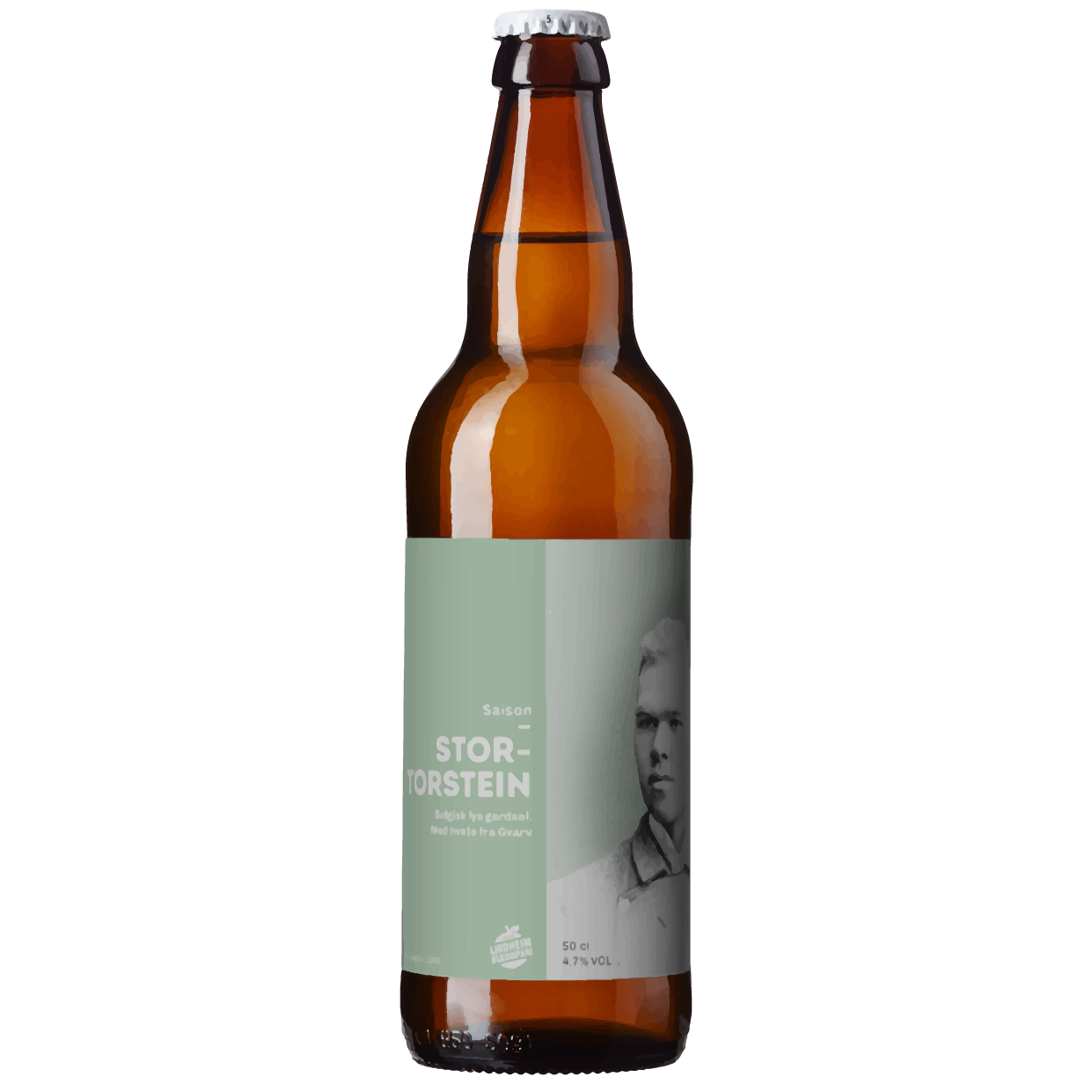 Saison ølflaske 'STOR-TORSTEIN' med klassisk etikett og 4,7% alkoholinnhold. Perfekt for avslapning.