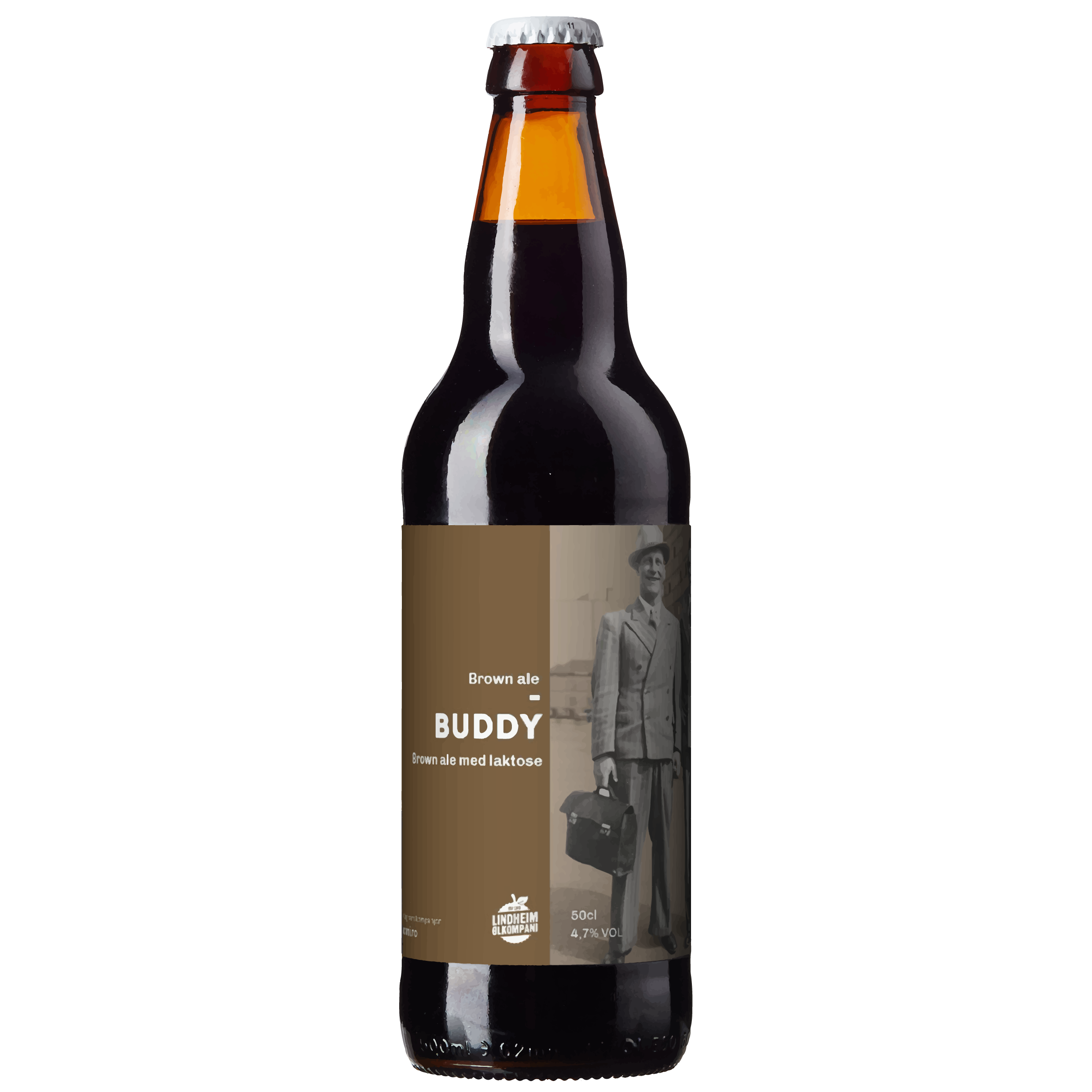 Alt-tekst: Flaske med Brown Ale Buddy, inneholder laktose, fra Lindheim Ølceller, 50 cl, 4,7 % alkohol.