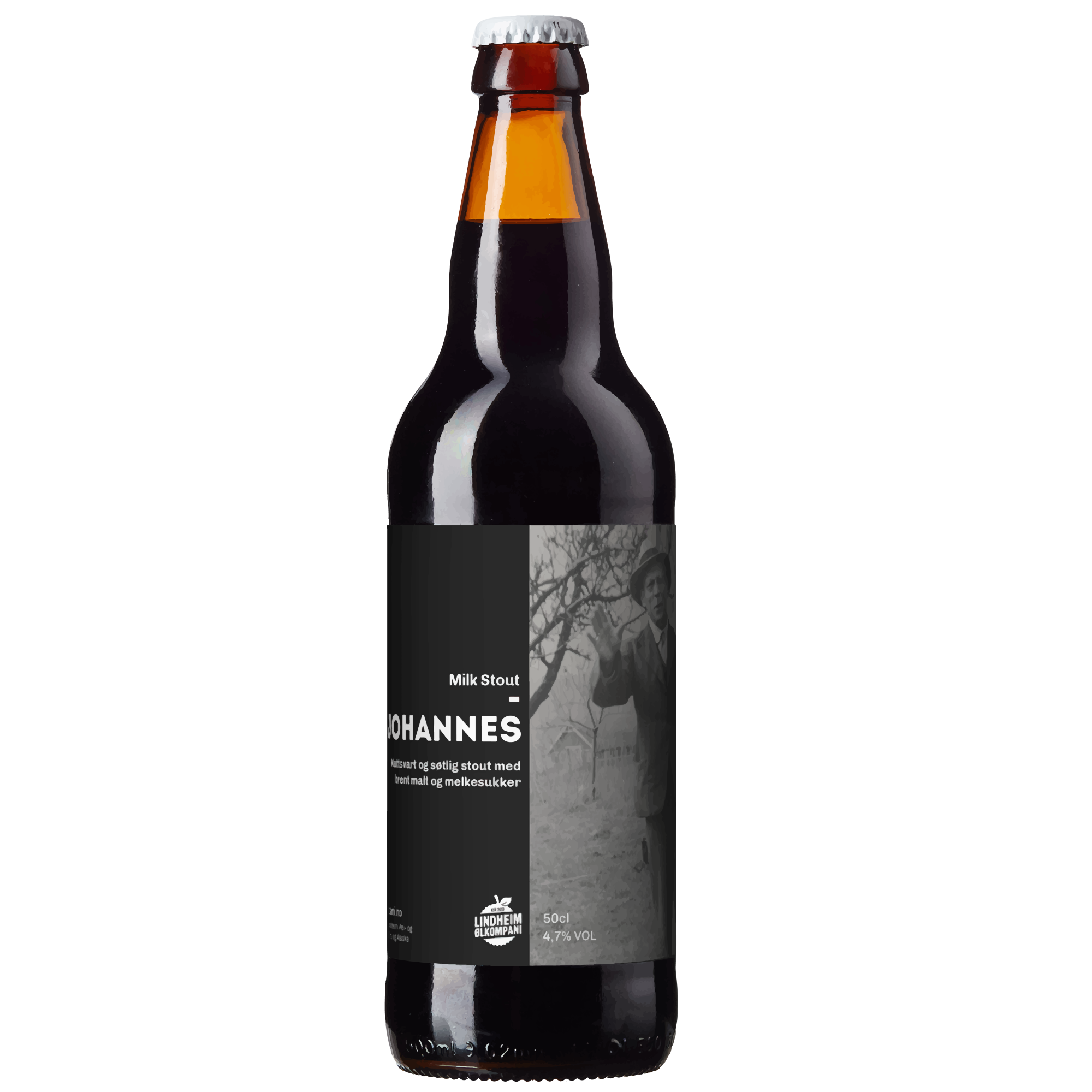 Flaske med Milk Stout Johannes fra Lindheim, mørk øl med sødme og preg av melkesukker, 500 ml, 4,7 % ABV.
