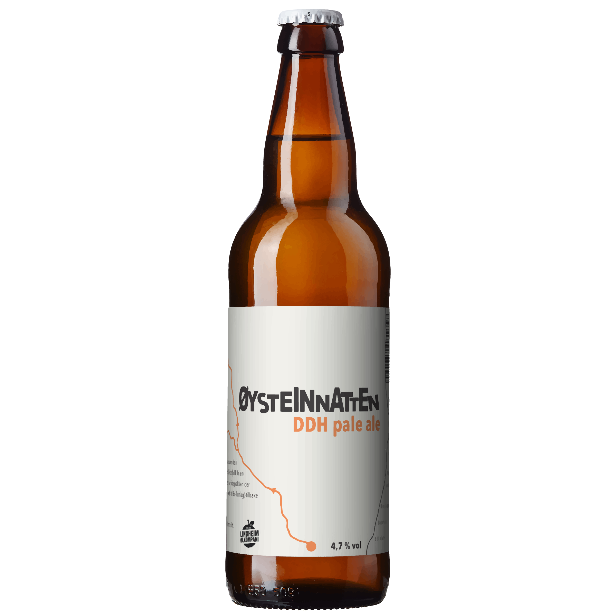 Flaske med ØysteinNatten DDH pale ale, 4,7 % vol, med stilren etikett og brun glassdesign.