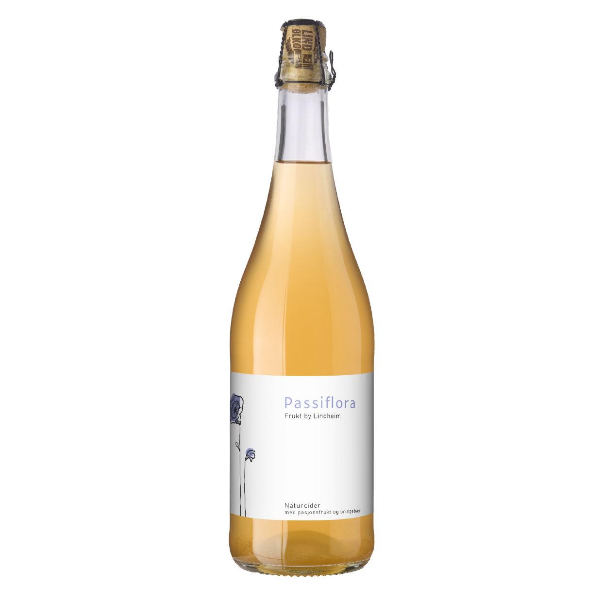 Flaske med Passiflora naturcider fra Lindheim, laget med pasjonsfrukt og bringebær.