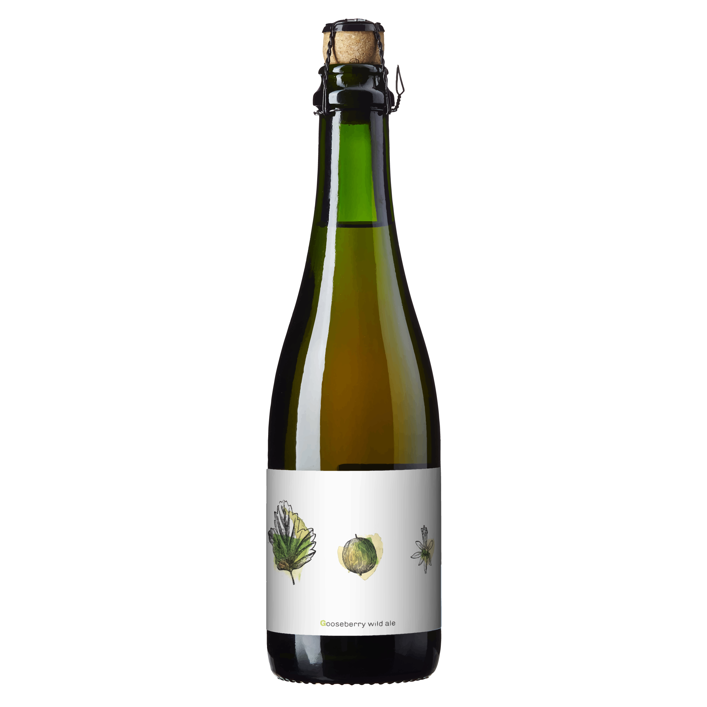 Flaske med Gooseberry wild ale, dekorert med illustrasjoner av bær og blader, mot svart bakgrunn.