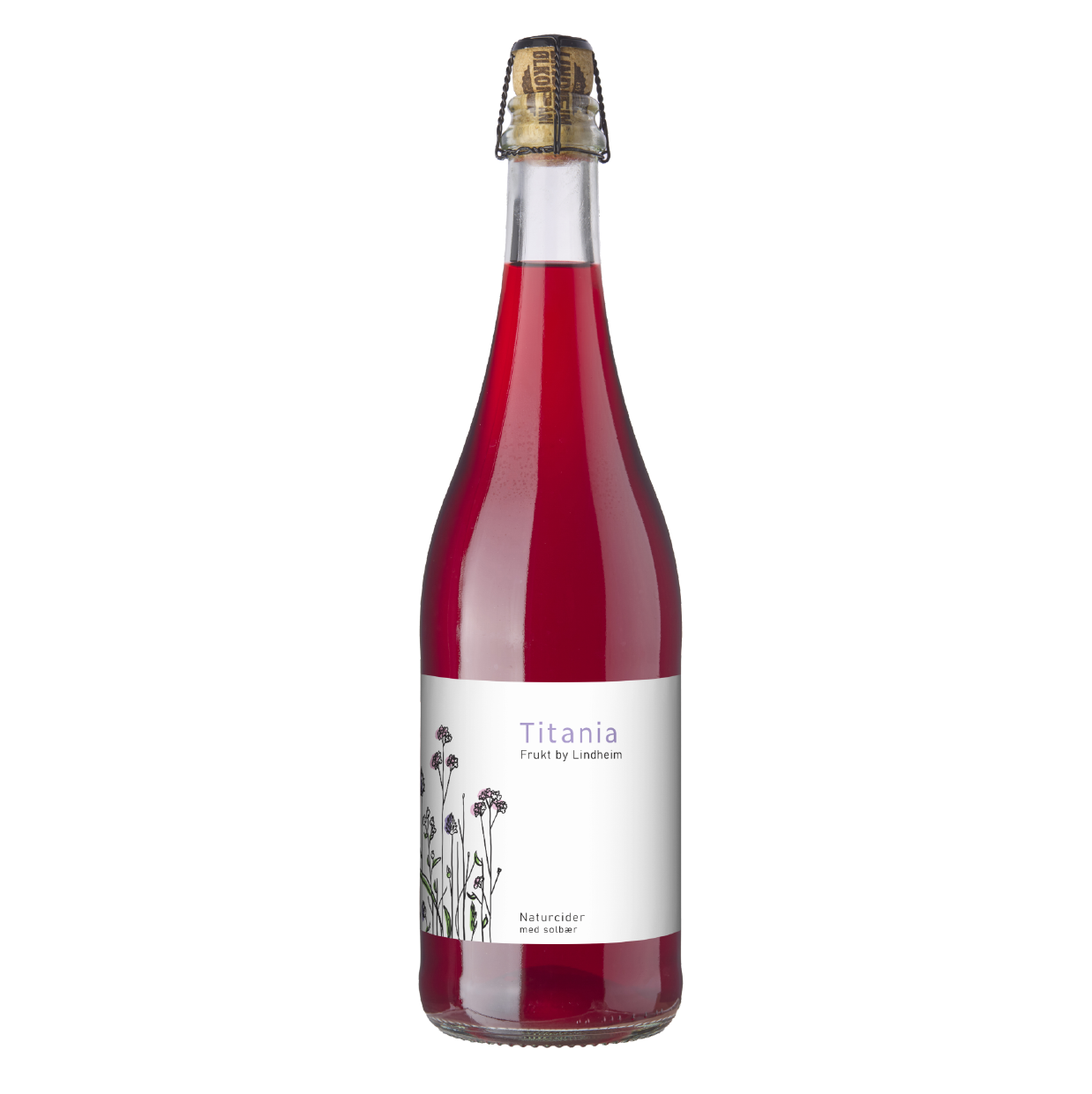 Flaske med Titania naturcider, fruktig og boblende, fra Lindheim, perfekt for enhver anledning.