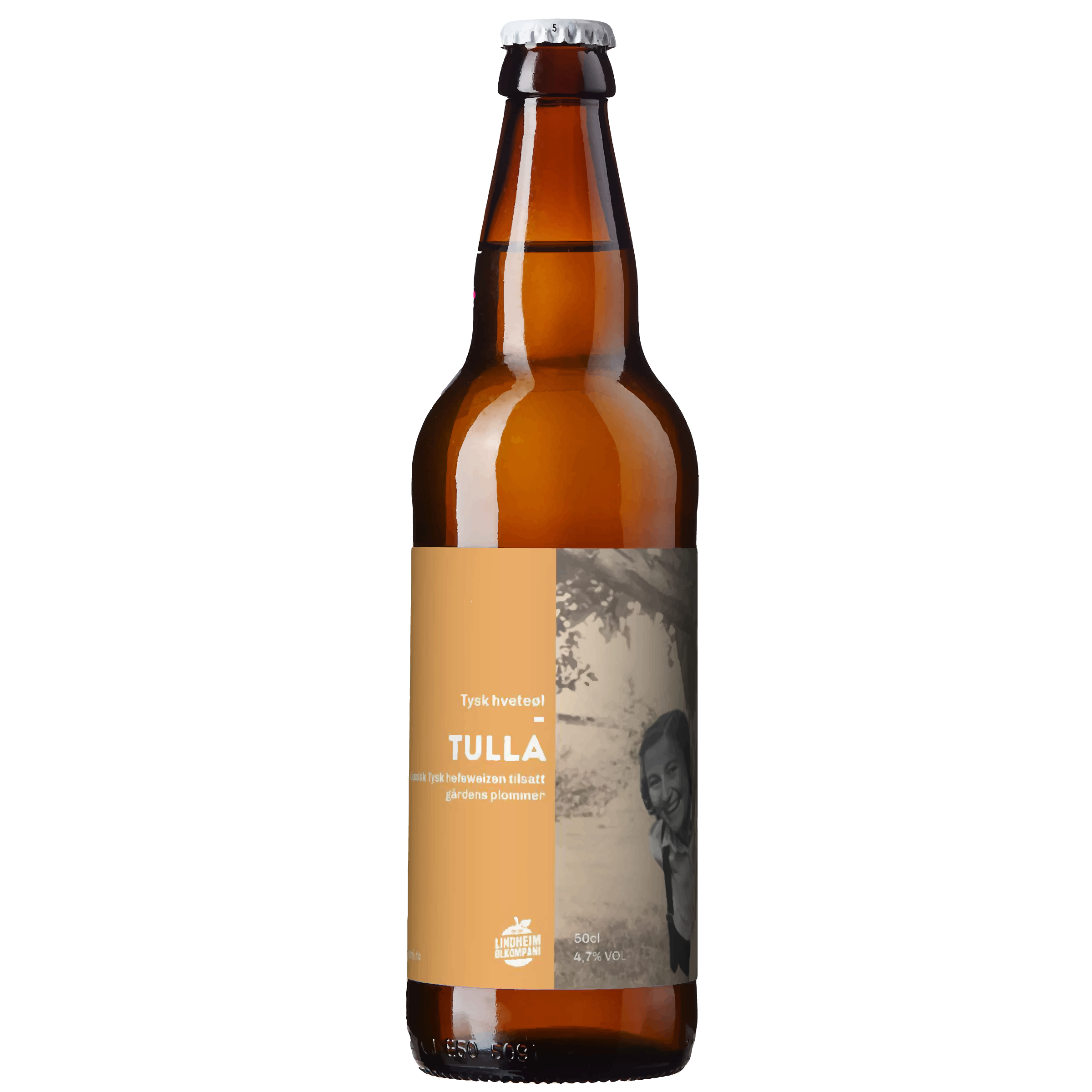 Flaske med Tulla tysk hvetøl, 5 cl, med etikett som beskriver smaken av gårdens plommer.