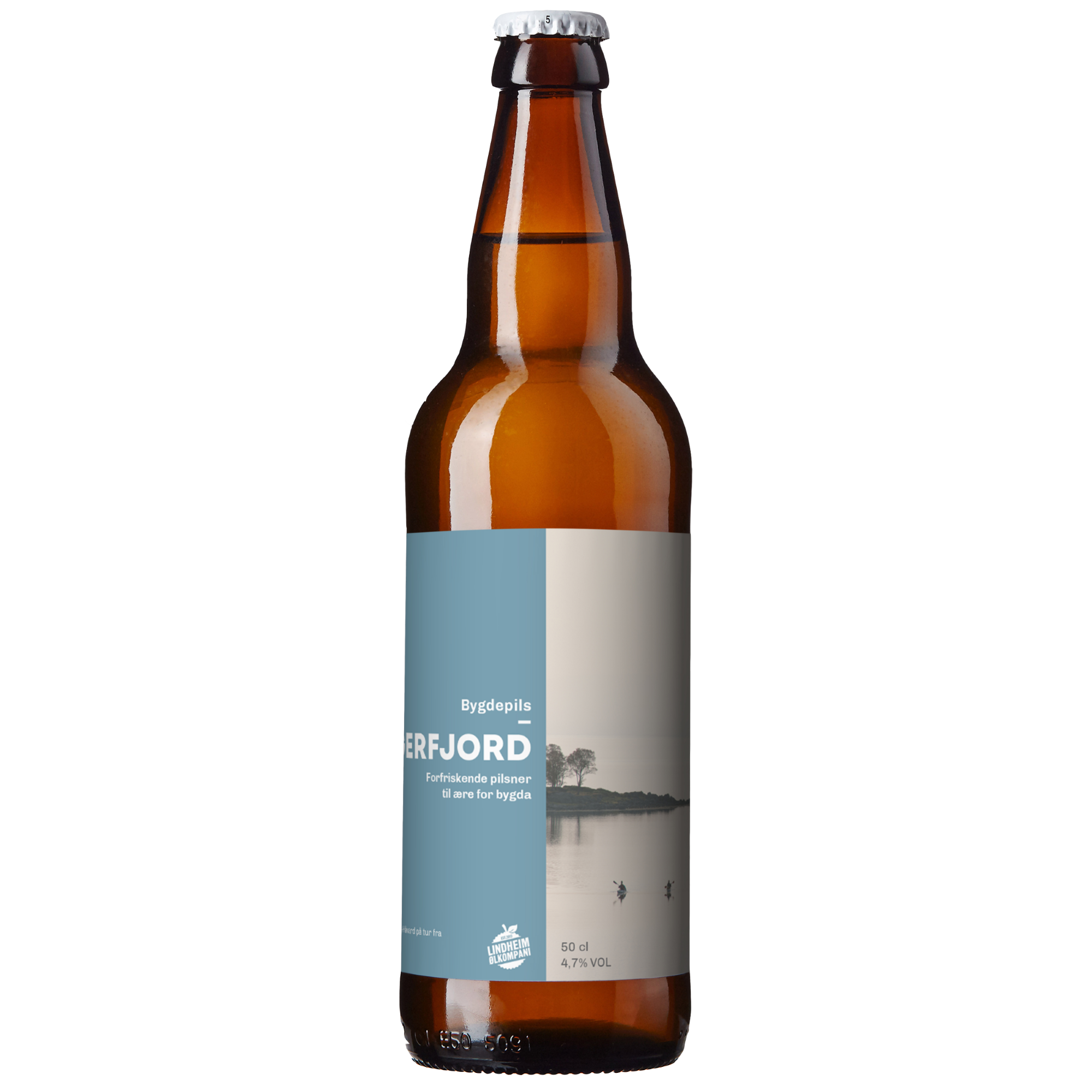 Flaske med Bygdepils Ørfjord, en forfriskende pilsner med 4,7% vol. Perfekt for bygdafesten.